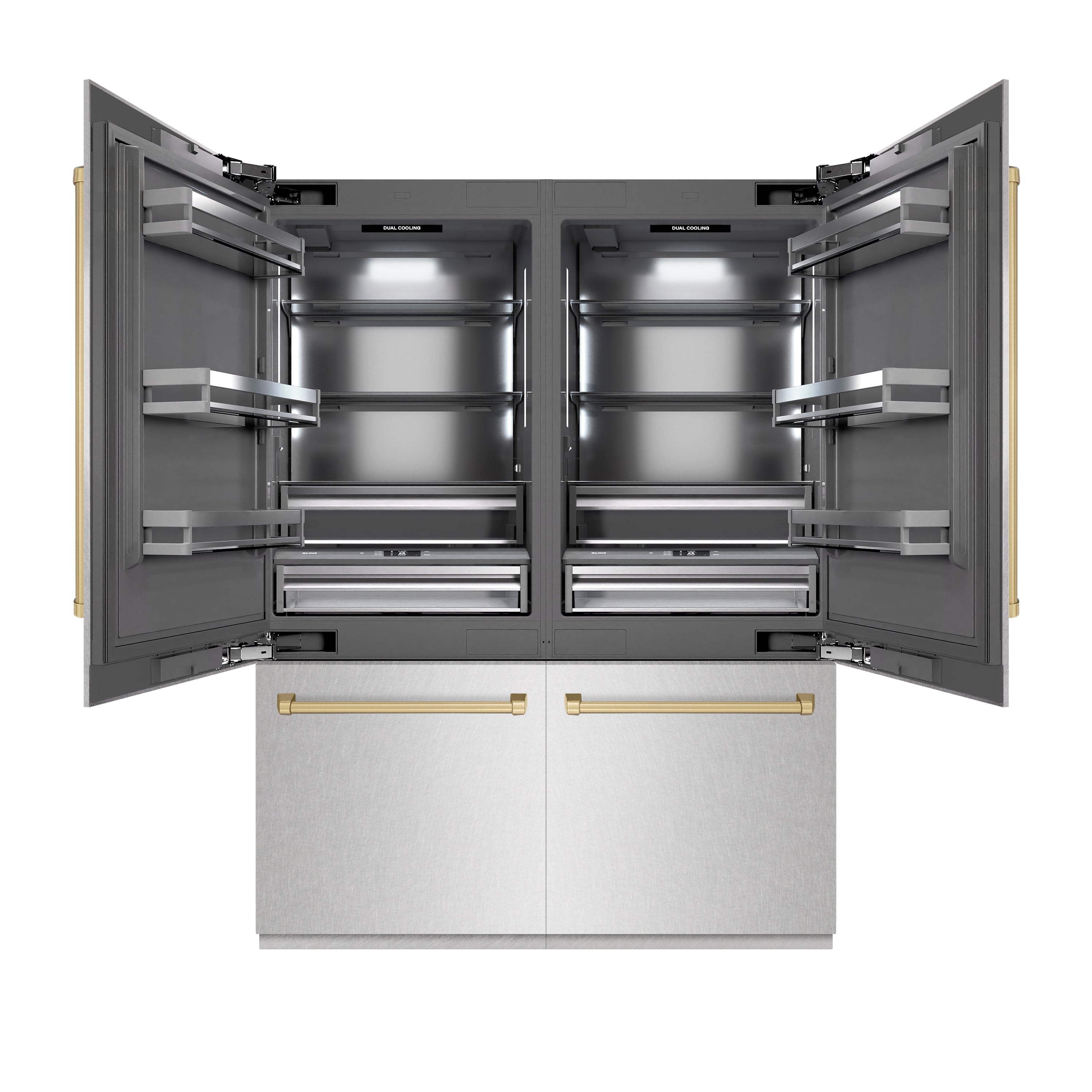 ZLINE Autograph Edition 60 in. 32.2 cu. ft. French Door Built-In Bottom Freezer Refrigerator with Water Dispenser and Ice Maker in DuraSnow® Stainless Steel with Graphite Gray Interior and Champagne Bronze Accents (GRBIVZ-SN-60-CB)