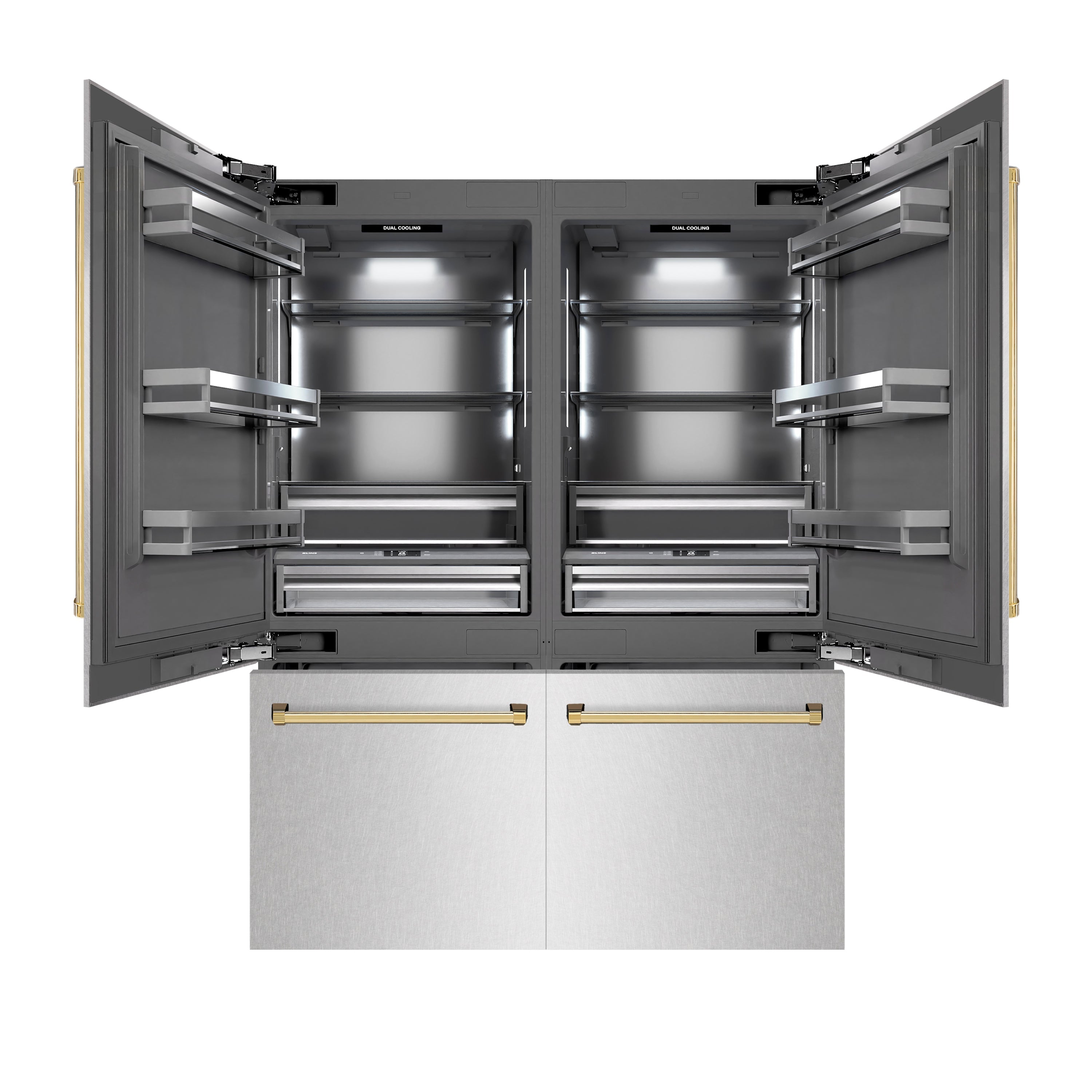 ZLINE Autograph Edition 60 in. 32.2 cu. ft. French Door Built-In Bottom Freezer Refrigerator with Water Dispenser and Ice Maker in DuraSnow® Stainless Steel with Graphite Gray Interior and Polished Gold Accents (GRBIVZ-SN-60-G)