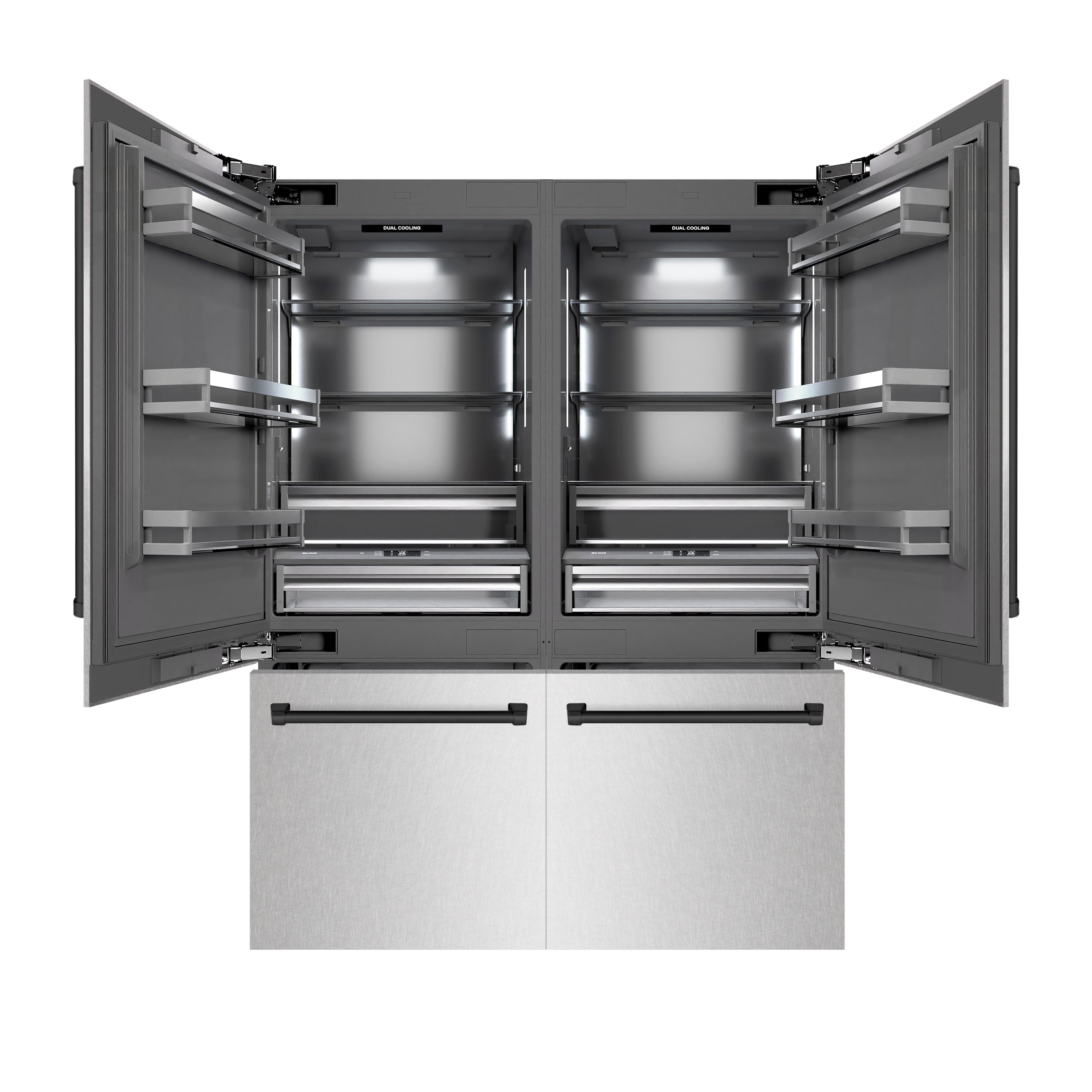 ZLINE Autograph Edition 60 in. 32.2 cu. ft. French Door Built-In Bottom Freezer Refrigerator with Water Dispenser and Ice Maker in DuraSnow® Stainless Steel with Graphite Gray Interior and Matte Black Accents (GRBIVZ-SN-60-MB)