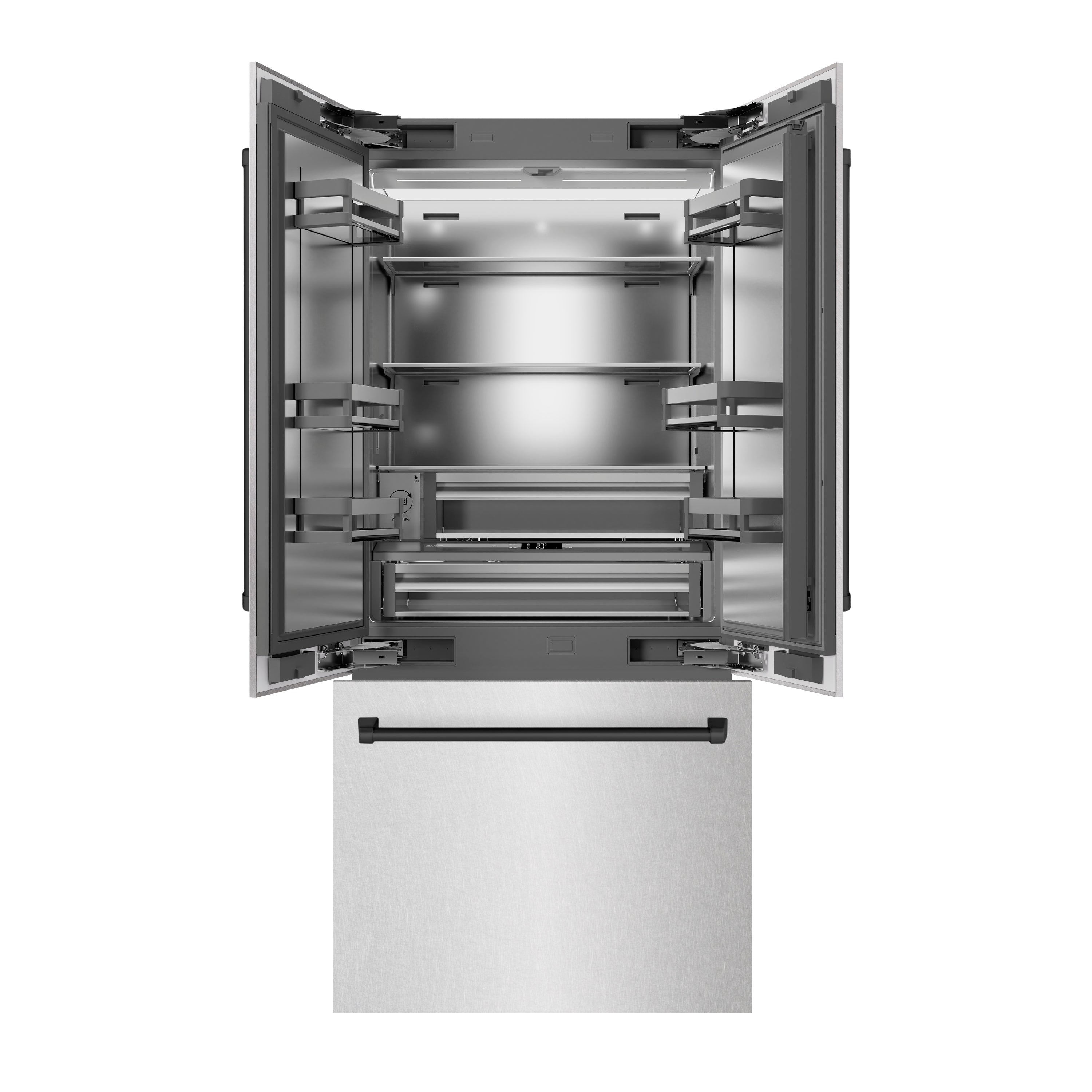 ZLINE Autograph Edition 36 in. 19.6 cu. ft. French Door Built-In Bottom Freezer Refrigerator with Water Dispenser and Ice Maker in Satin Stainless Steel with Stainless Steel Interior and Matte Black Accents (SRBIVZ-SN-36-MB)