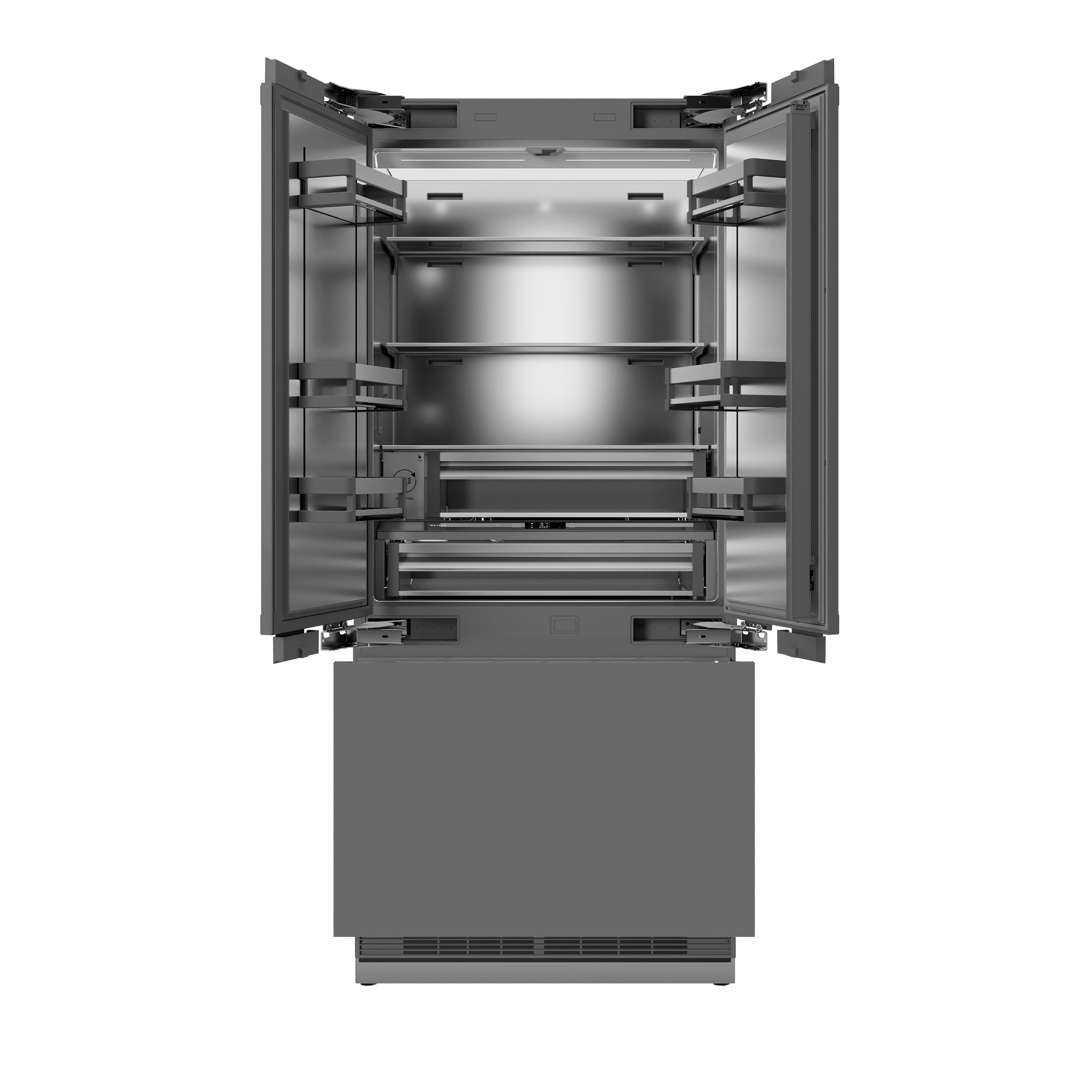 ZLINE Autograph Edition 36 in. 19.6 cu. ft. Panel Ready French Door Built-In Bottom Freezer Refrigerator with Water Dispenser and Ice Maker with Stainless Steel Interior and Polished Gold Accents (SRBIVZ-36-G)