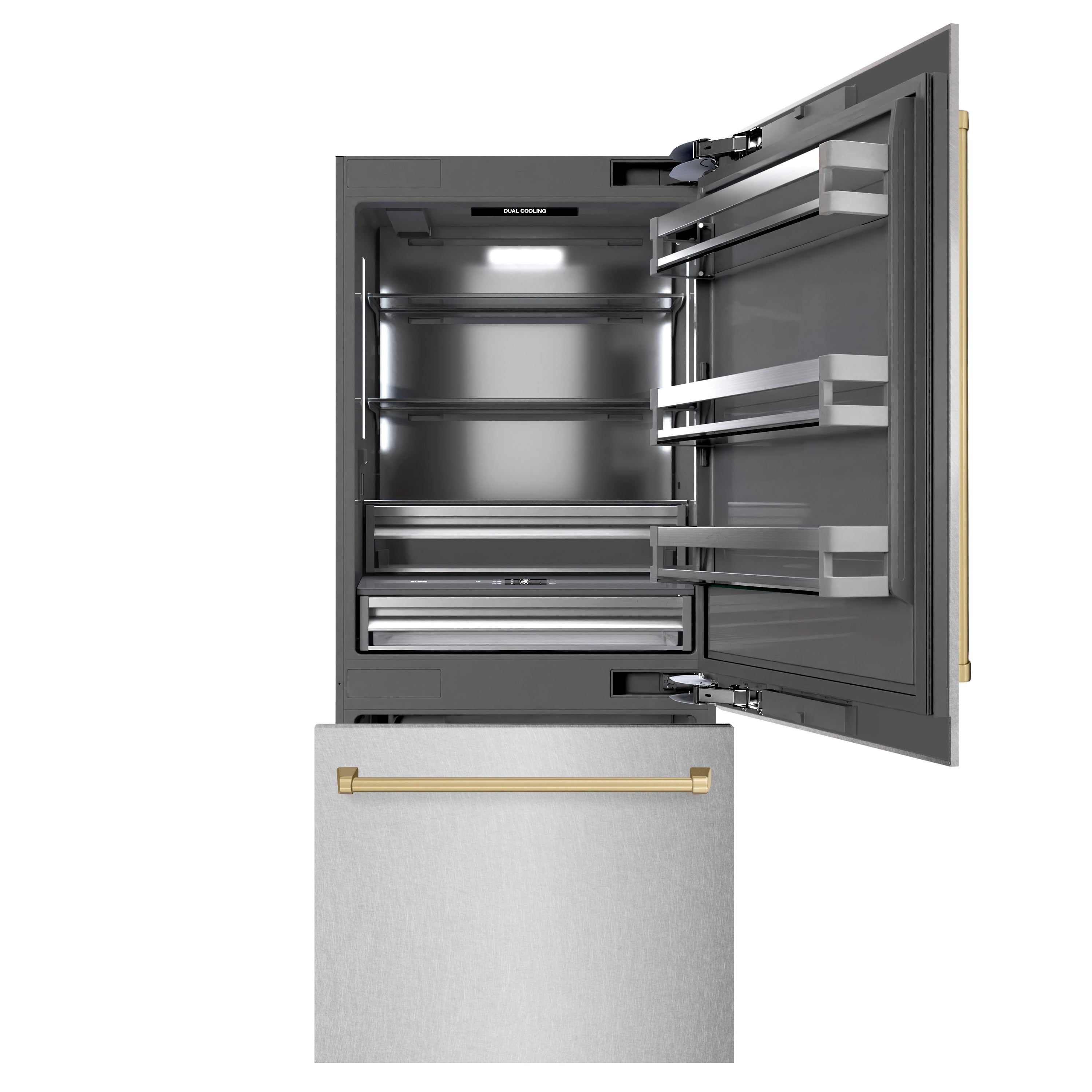 ZLINE Autograph Edition 36 in. 19.8 cu. ft. Built-In Bottom Freezer Refrigerator with Water Dispenser and Ice Maker in DuraSnow® Stainless Steel with Graphite Gray Interior and Champagne Bronze Accents (GRBITZ-SN-36-CB)