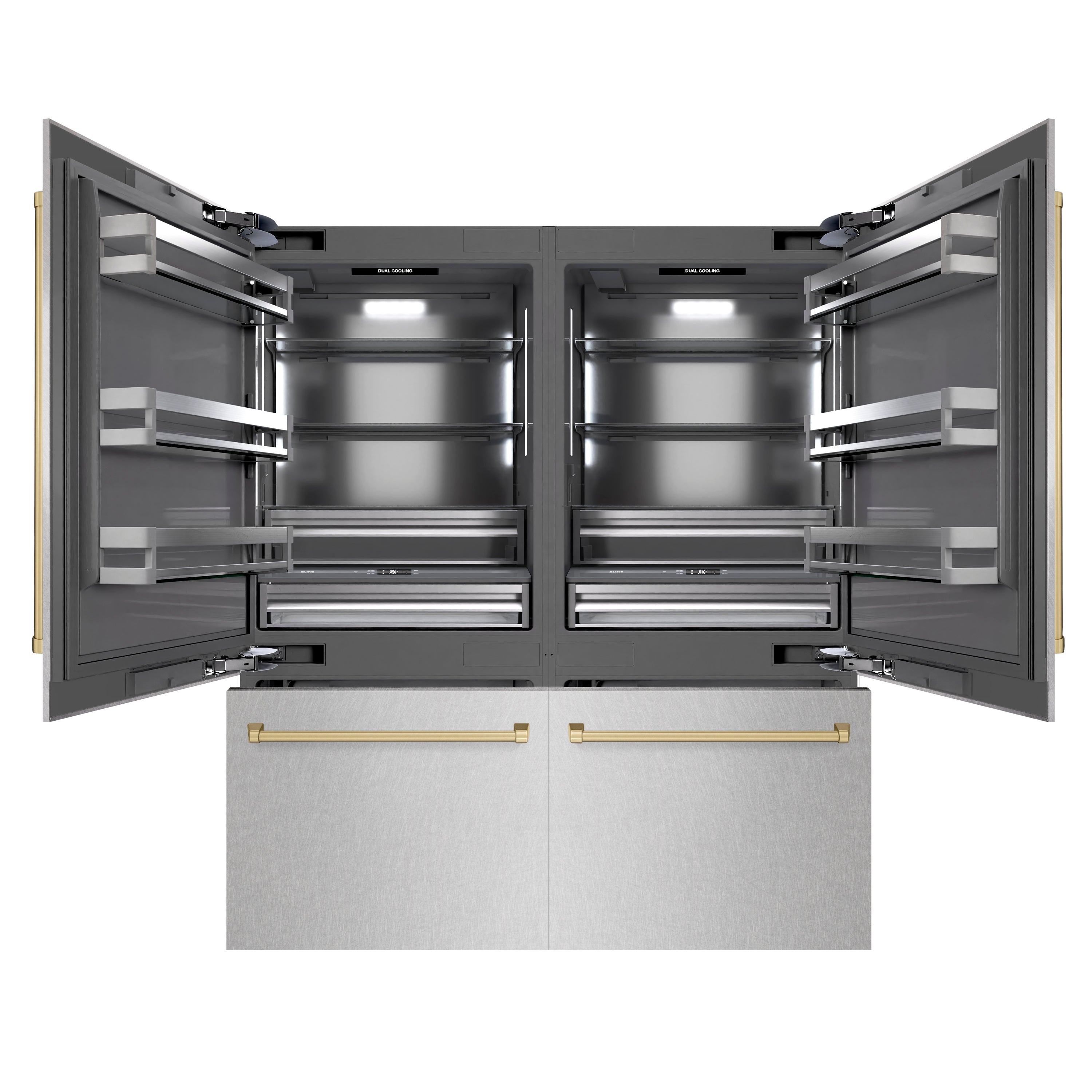 ZLINE Autograph Edition 72 in. 39.6 cu. ft. French Door Built-In Bottom Freezer Refrigerator with Water Dispensers and Ice Makers in DuraSnow® Stainless Steel with Graphite Gray Interior and Champagne Bronze Accents (GRBITZ-SN-72-CB)