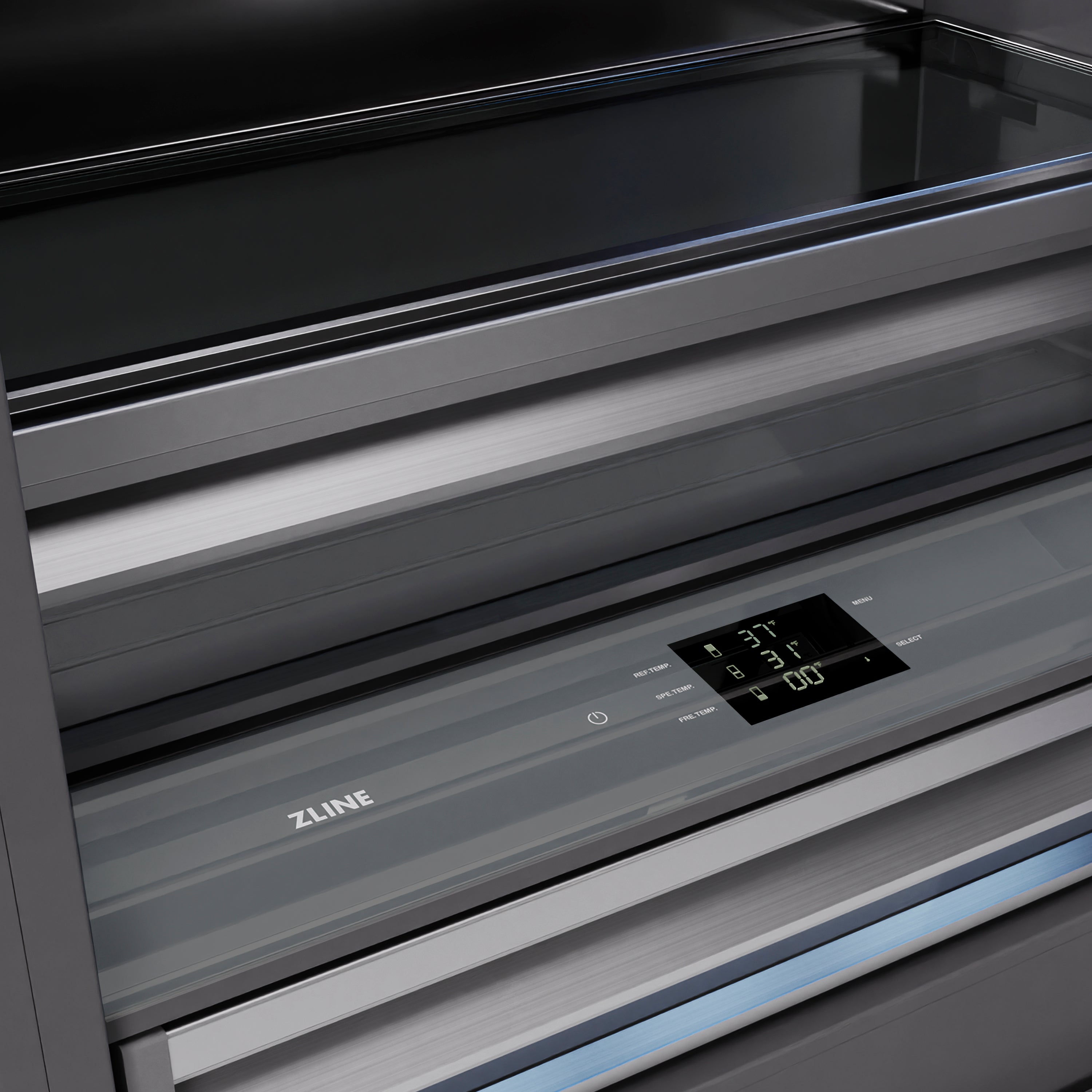 ZLINE Autograph Edition 72 in. 39.6 cu. ft. French Door Built-In Bottom Freezer Refrigerator with Water Dispensers and Ice Makers in DuraSnow® Stainless Steel with graphite Gray Interior and Polished Gold Accents (GRBITZ-SN-72-G)