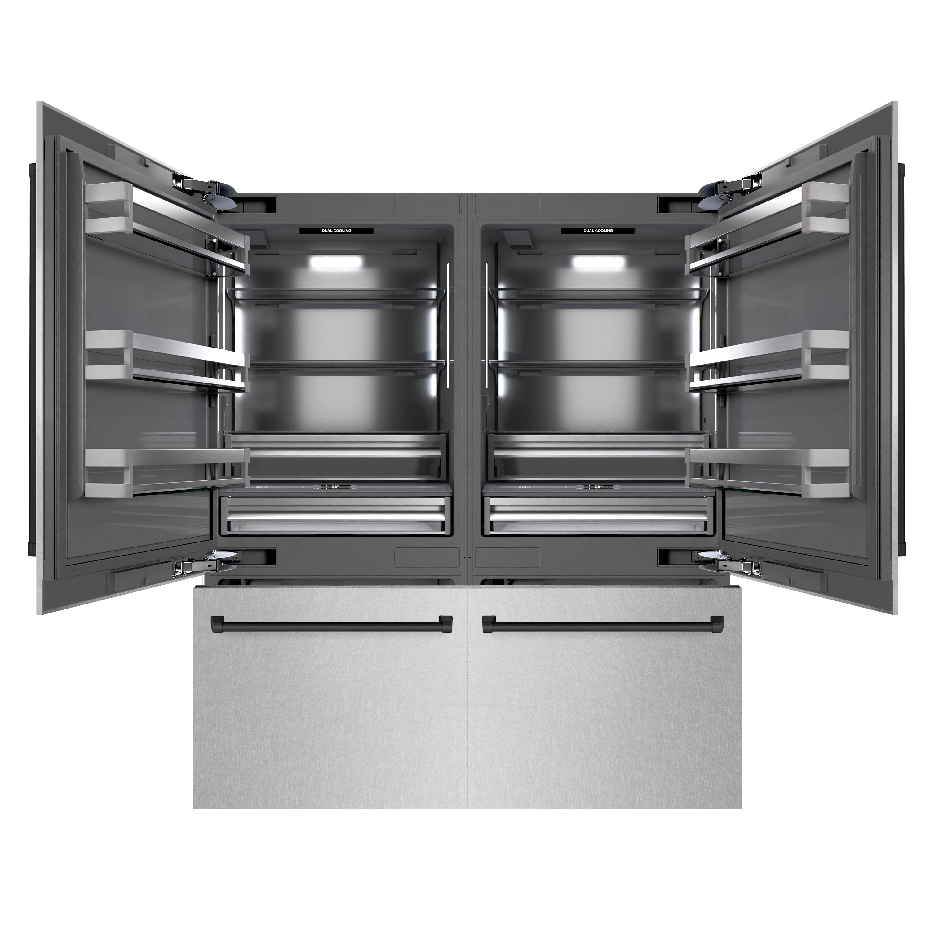 ZLINE Autograph Edition 72 in. 39.6 cu. ft. French Door Built-In Bottom Freezer Refrigerator with Water Dispensers and Ice Makers in DuraSnow® Stainless Steel with Graphite Gray Interior and Matte Black Accents (GRBITZ-SN-72-MB)