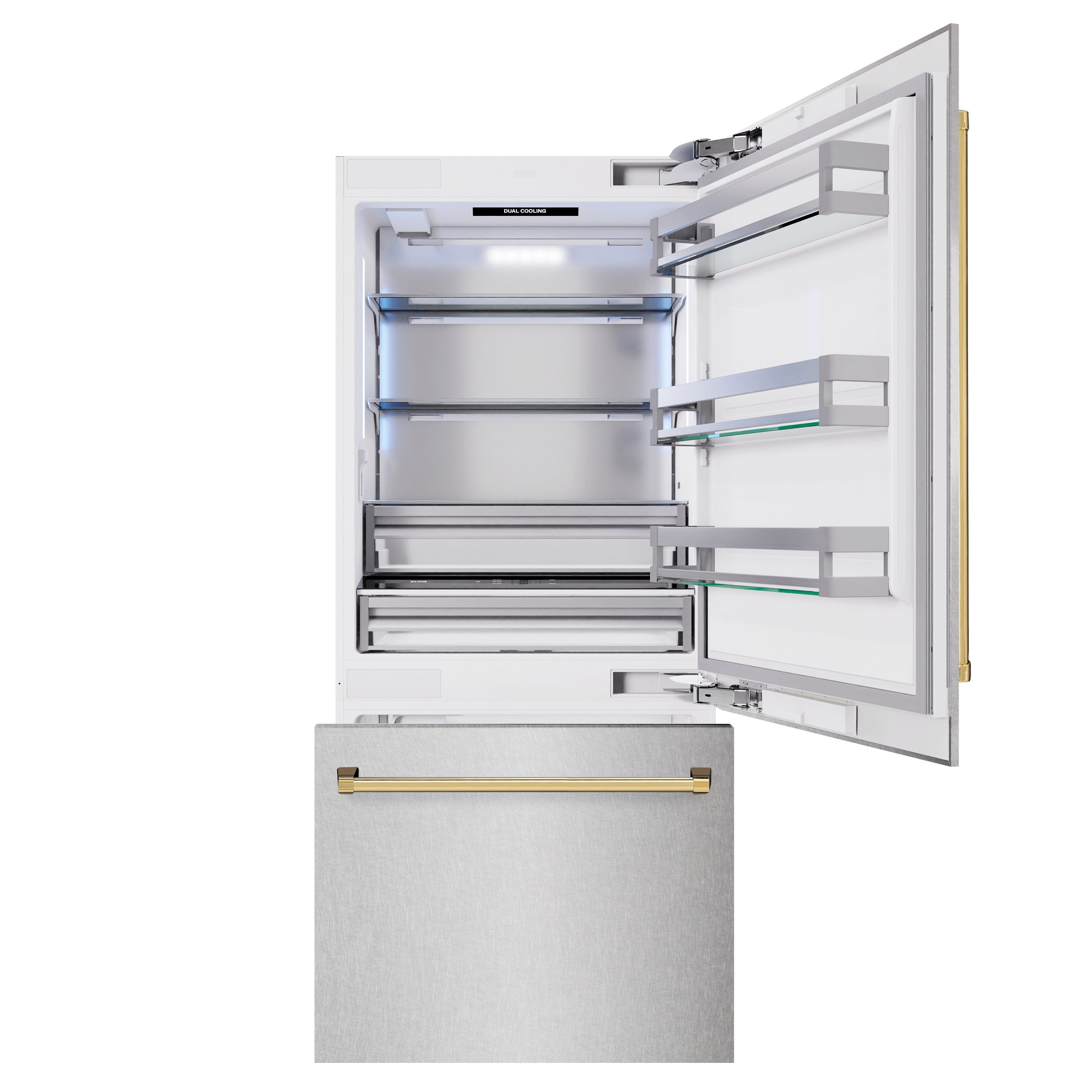 ZLINE Autograph Edition 36 in. 19.8 cu. ft. Built-In Bottom Freezer Refrigerator with Water Dispenser and Ice Maker in DuraSnow® Stainless Steel and Polished Gold Accents (RBITZ-SN-36-G)