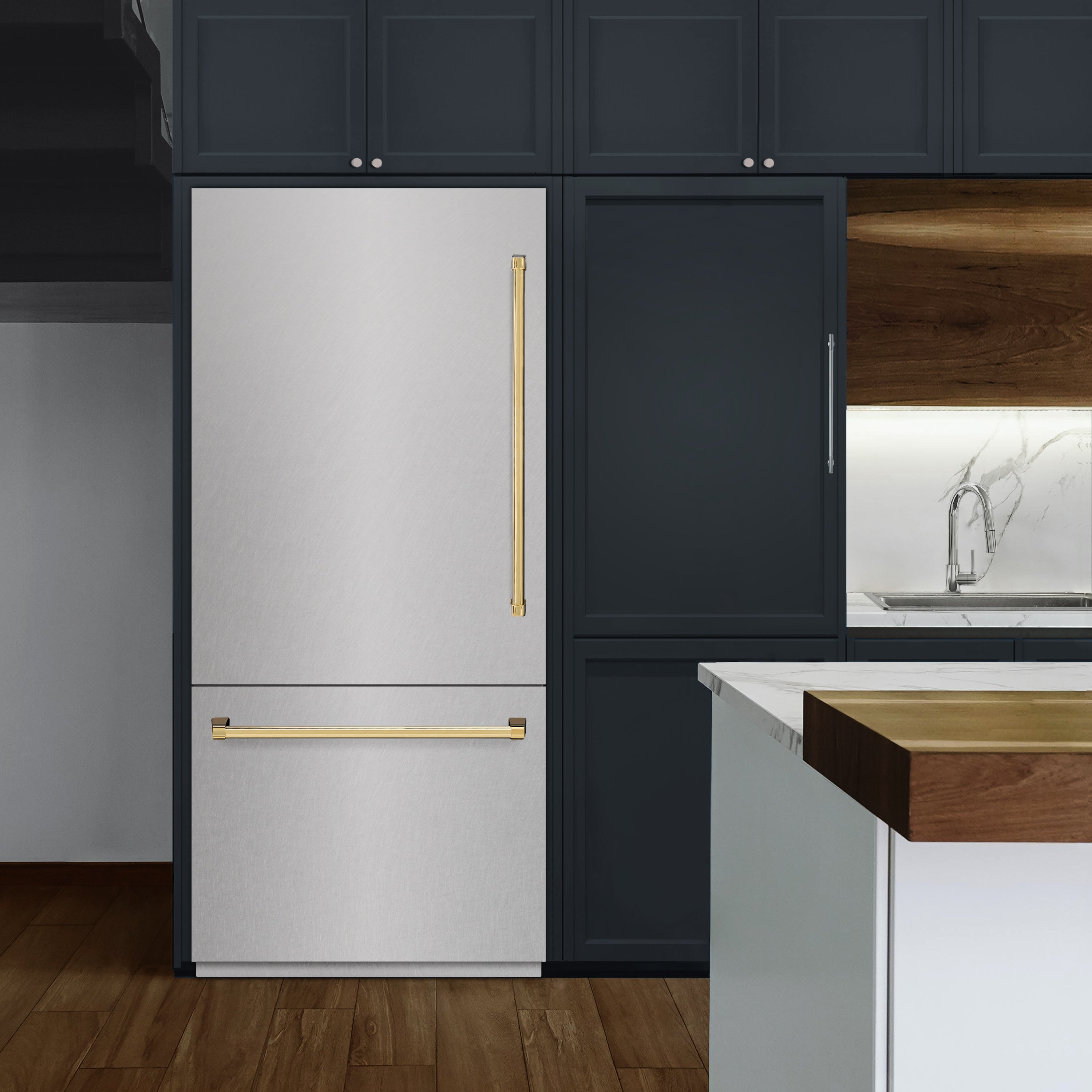 ZLINE Autograph Edition 36 in. 19.8 cu. ft. Built-In Bottom Freezer Refrigerator with Water Dispenser and Ice Maker in DuraSnow® Stainless Steel and Polished Gold Accents (RBITZ-SN-36-G)