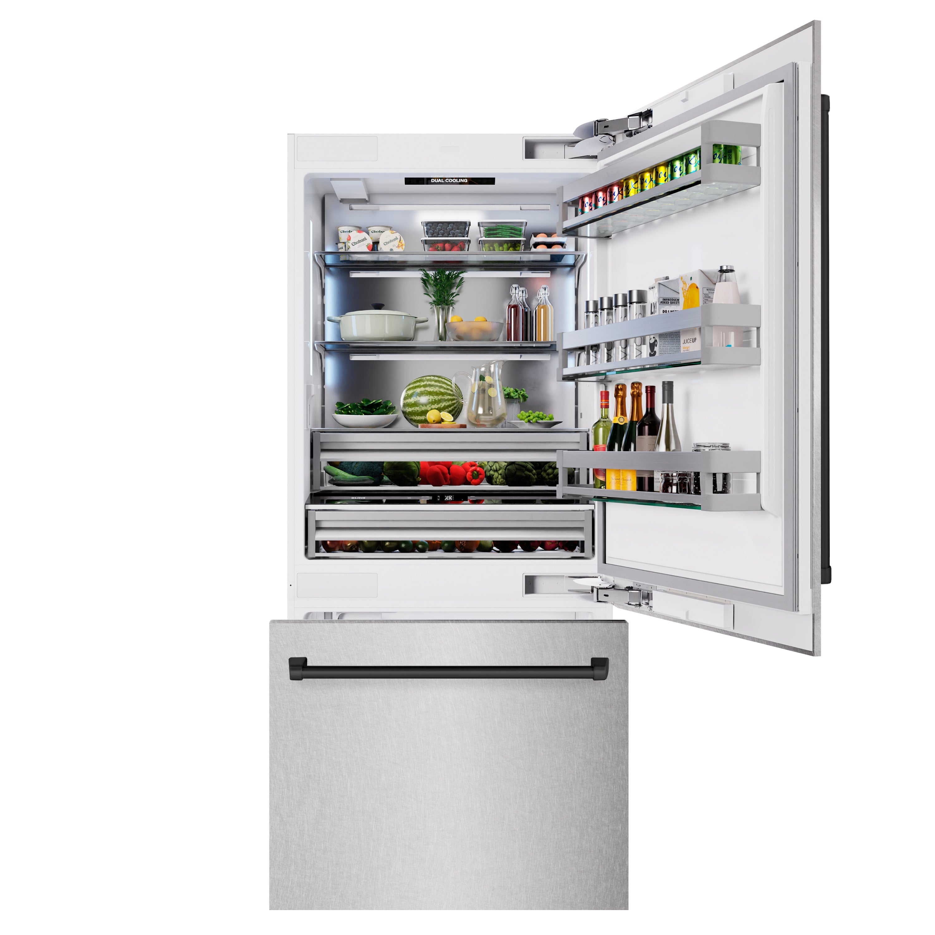 ZLINE Autograph Edition 36 in. 19.8 cu. ft. Built-In Bottom Freezer Refrigerator with Water Dispenser and Ice Maker in DuraSnow® Stainless Steel and Matte Black Accents (RBITZ-SN-36-MB)