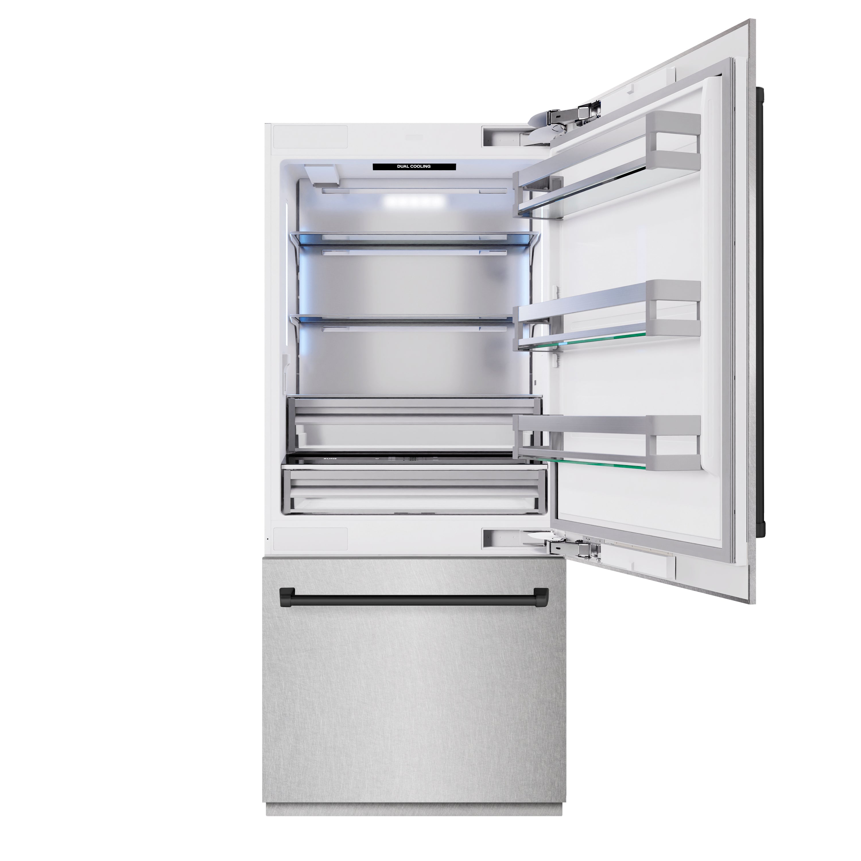 ZLINE Autograph Edition 36 in. 19.8 cu. ft. Built-In Bottom Freezer Refrigerator with Water Dispenser and Ice Maker in DuraSnow® Stainless Steel and Matte Black Accents (RBITZ-SN-36-MB)