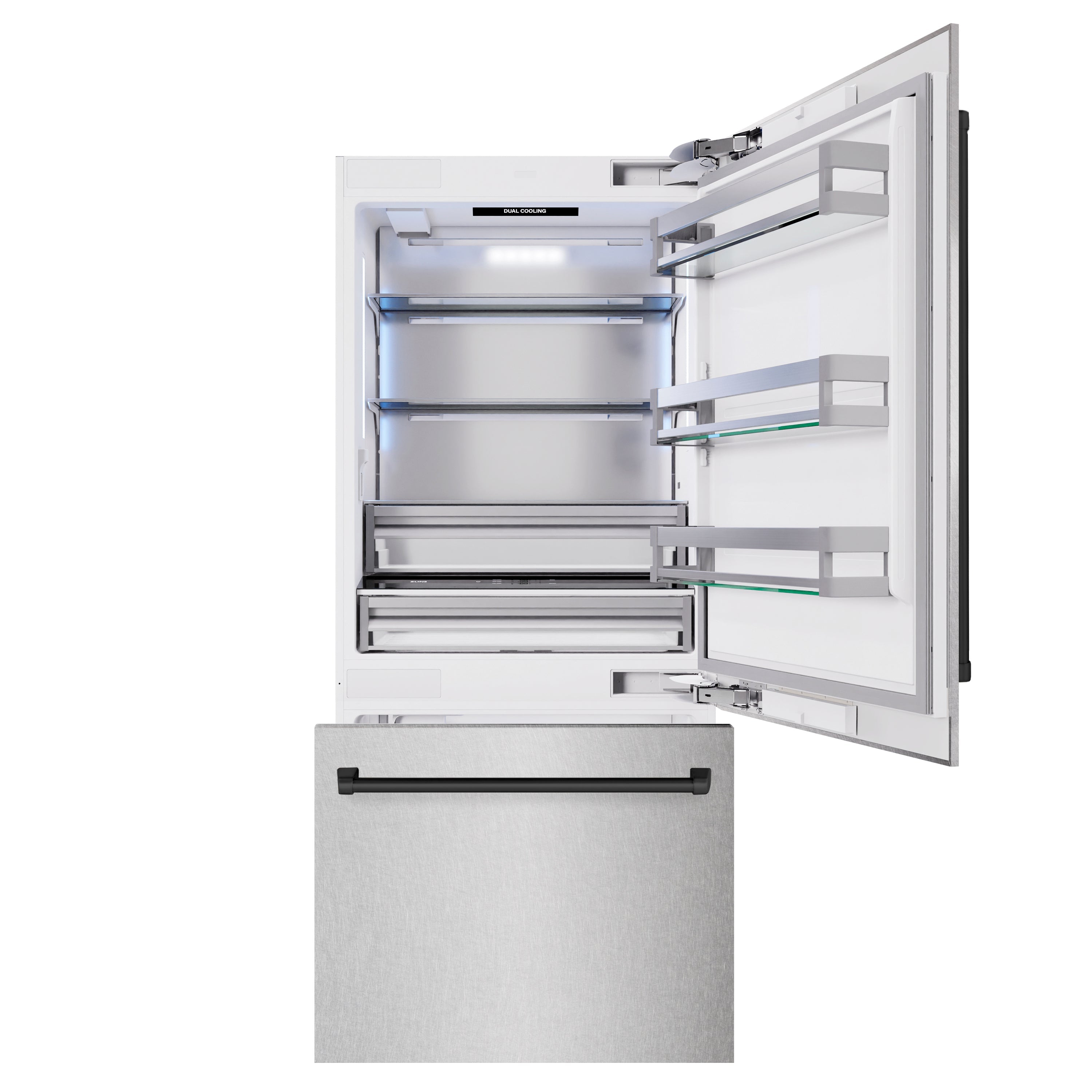 ZLINE Autograph Edition 36 in. 19.8 cu. ft. Built-In Bottom Freezer Refrigerator with Water Dispenser and Ice Maker in DuraSnow® Stainless Steel and Matte Black Accents (RBITZ-SN-36-MB)