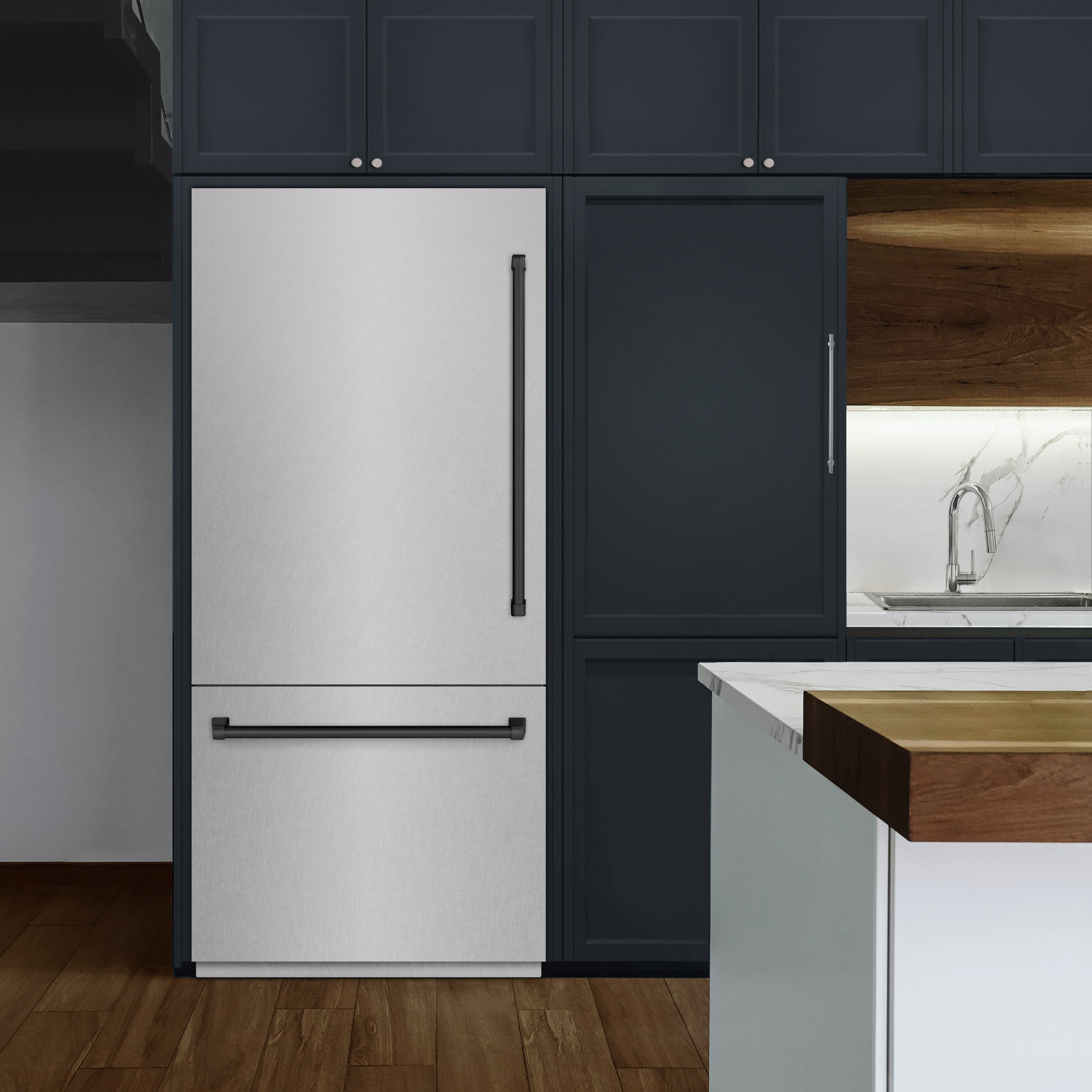 ZLINE Autograph Edition 36 in. 19.8 cu. ft. Built-In Bottom Freezer Refrigerator with Water Dispenser and Ice Maker in DuraSnow® Stainless Steel and Matte Black Accents (RBITZ-SN-36-MB)