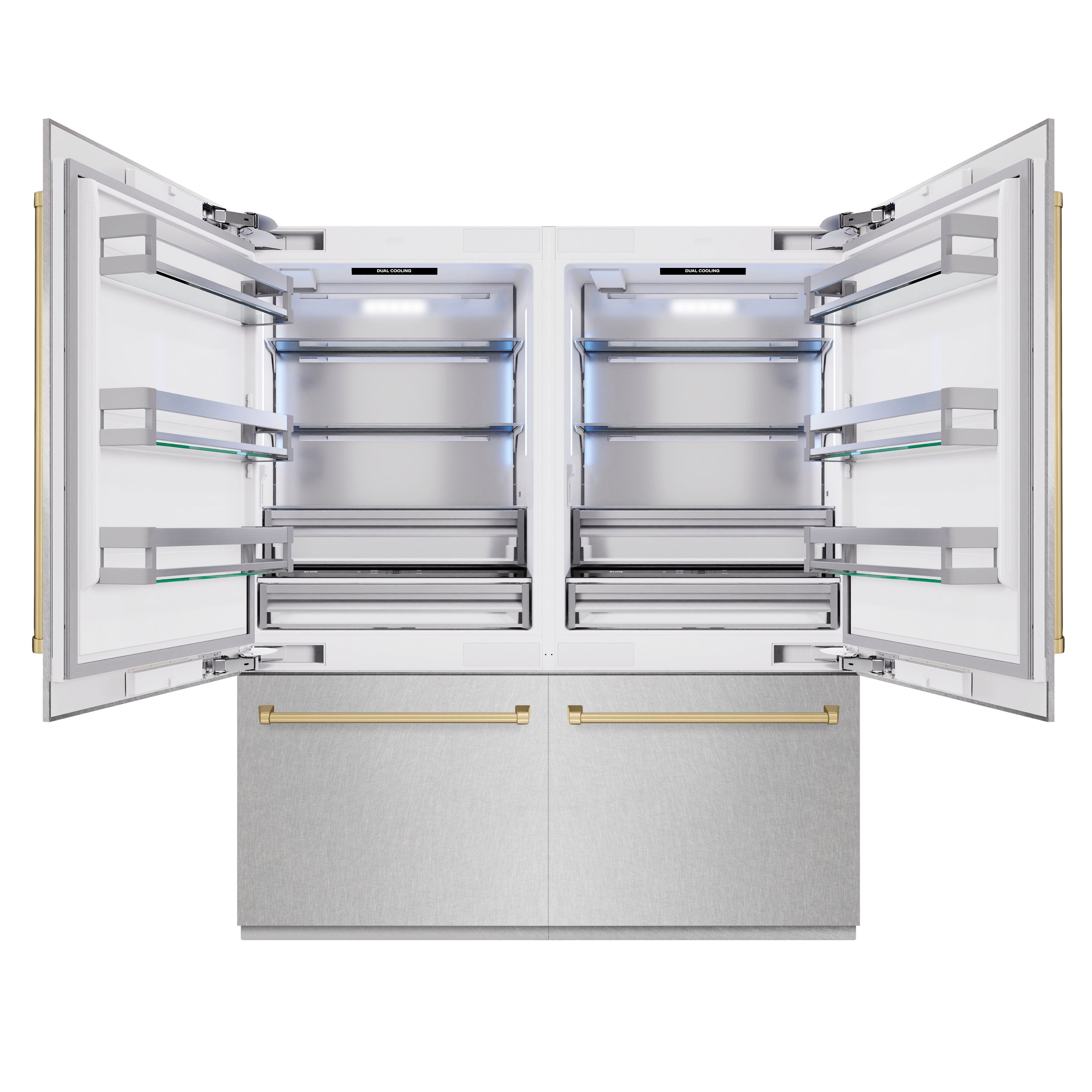 ZLINE Autograph Edition 72 in. 39.6 cu. ft. French Door Built-In Bottom Freezer Refrigerator with Water Dispensers and Ice Makers in DuraSnow® Stainless Steel and Champagne Bronze Accents (RBITZ-SN-72-CB)