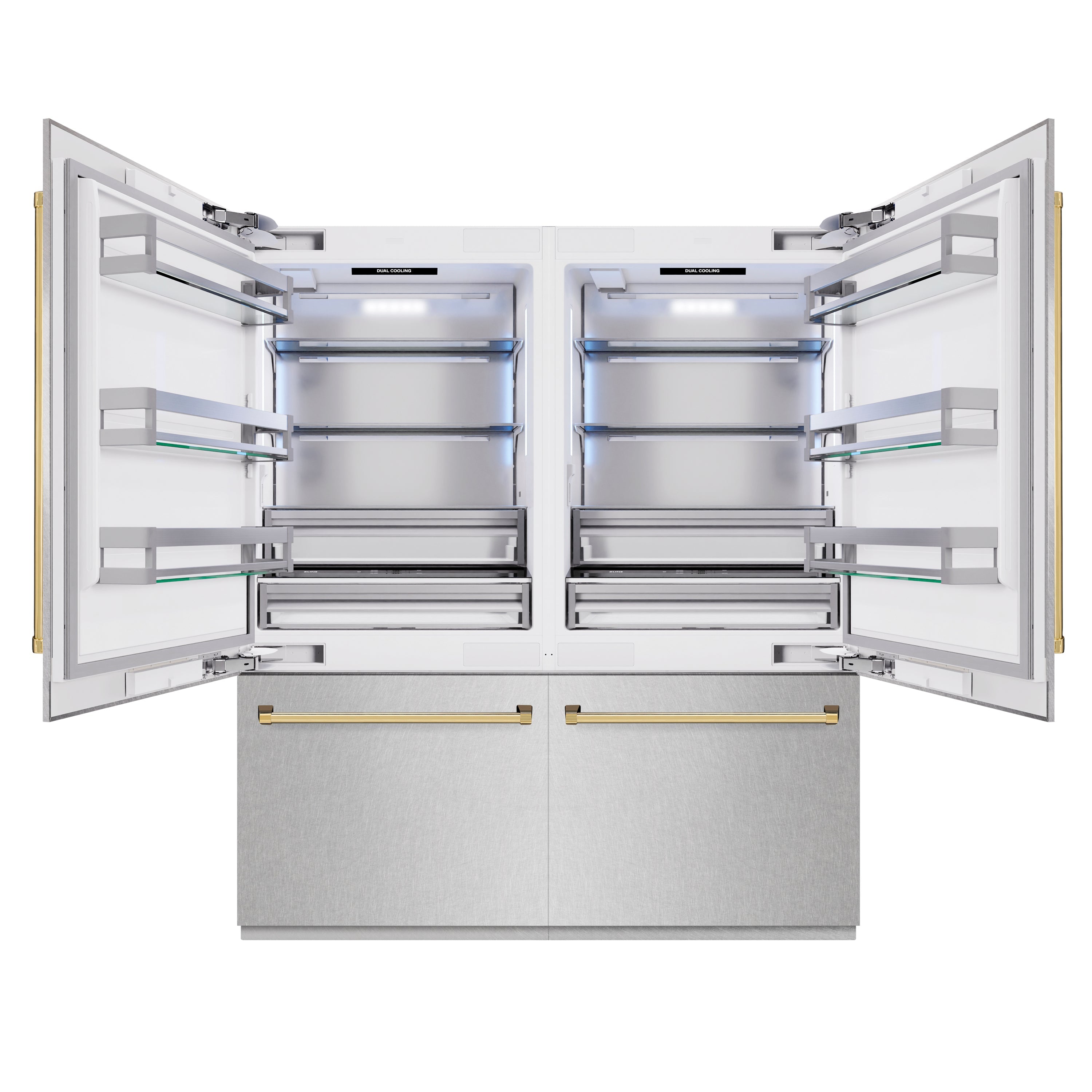 ZLINE Autograph Edition 72 in. 39.6 cu. ft. French Door Built-In Bottom Freezer Refrigerator with Water Dispensers and Ice Makers in DuraSnow® Stainless Steel and Polished Gold Accents (RBITZ-SN-72-G)