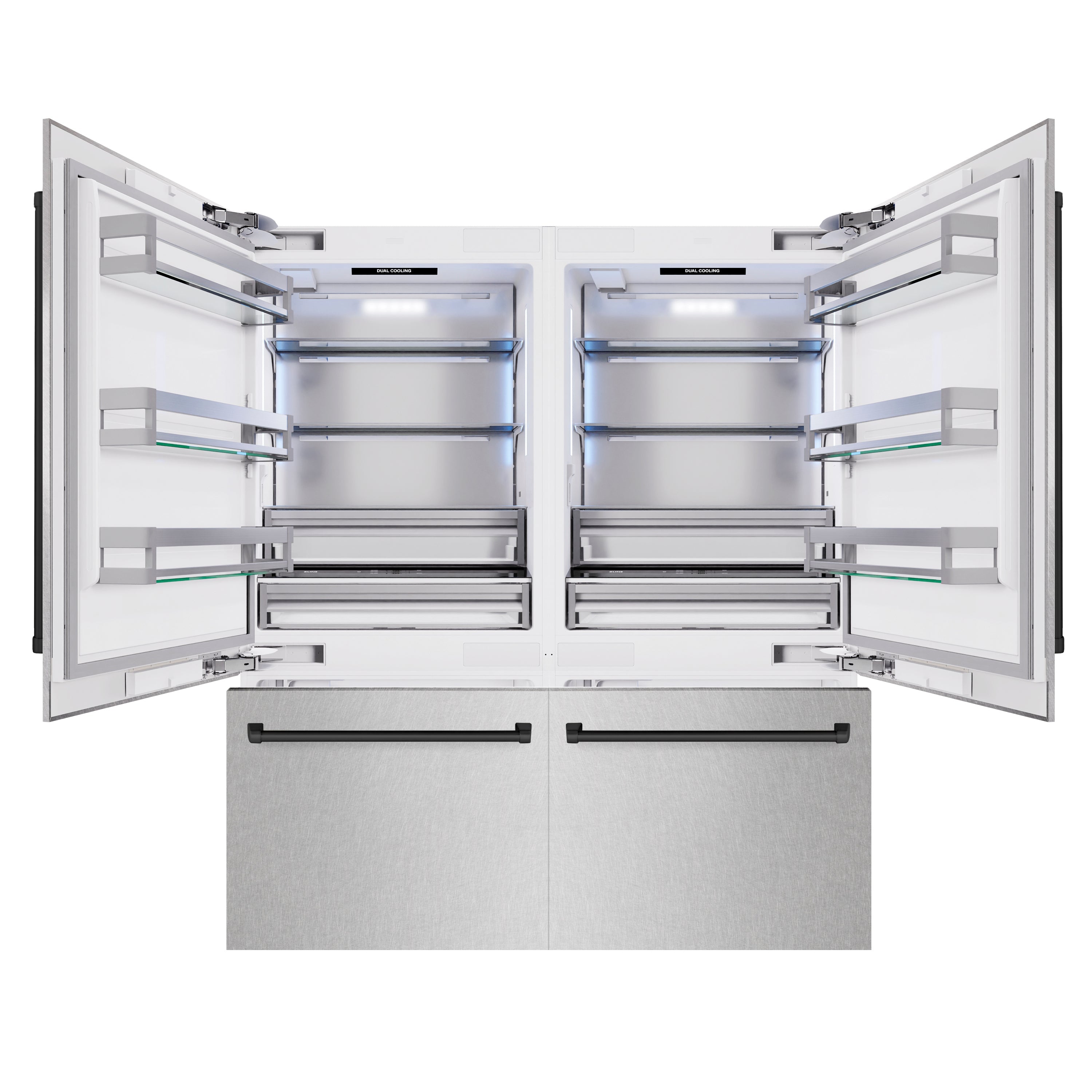 ZLINE Autograph Edition 72 in. 39.6 cu. ft. French Door Built-In Bottom Freezer Refrigerator with Water Dispensers and Ice Makers in DuraSnow® Stainless Steel and Matte Black Accents (RBITZ-SN-72-MB)