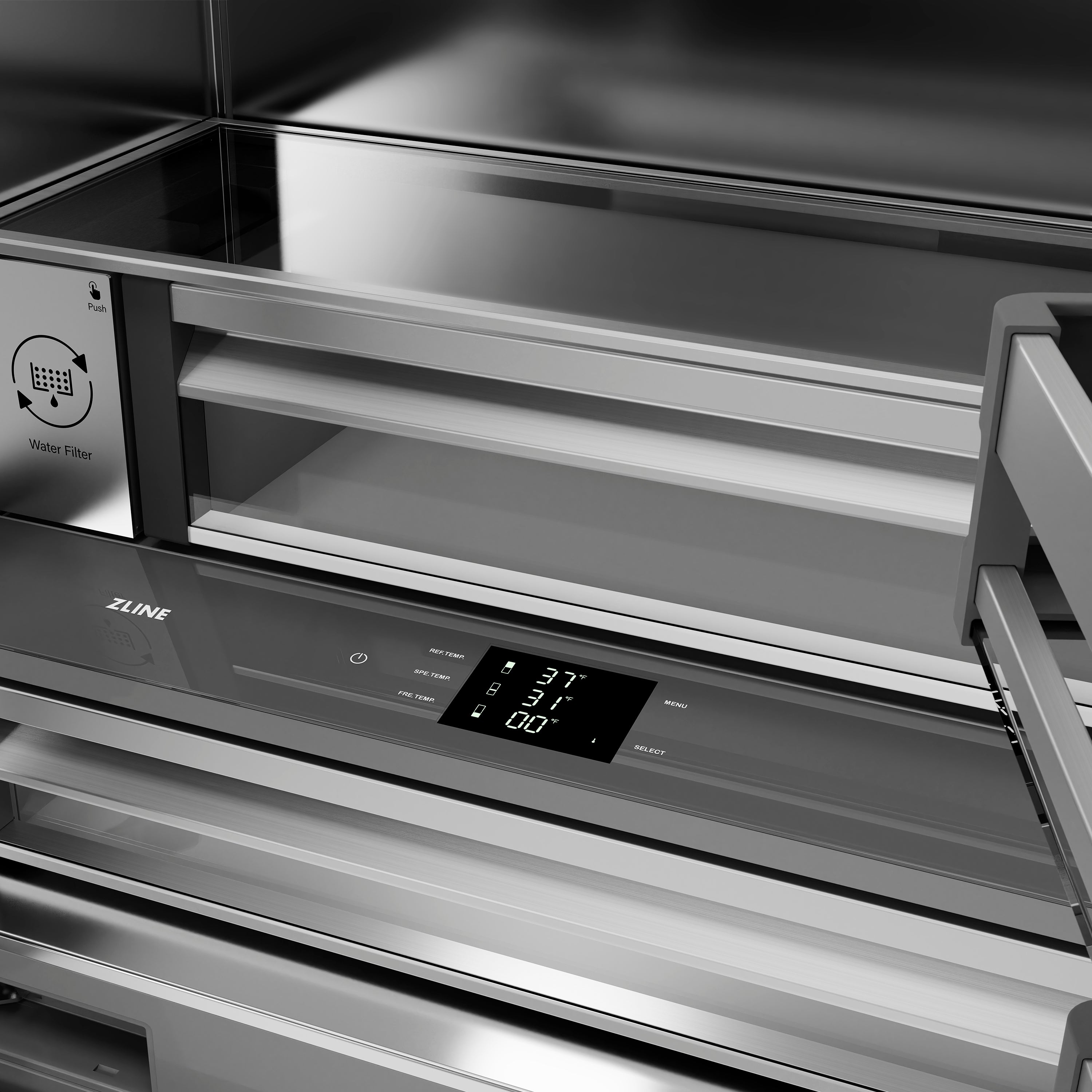 ZLINE 36 in. 19.6 cu. ft. French Door Built-In Bottom Freezer Refrigerator with Water Dispenser and Ice Maker in Satin Stainless Steel with Stainless Steel Interior (SRBIV-SN-36)