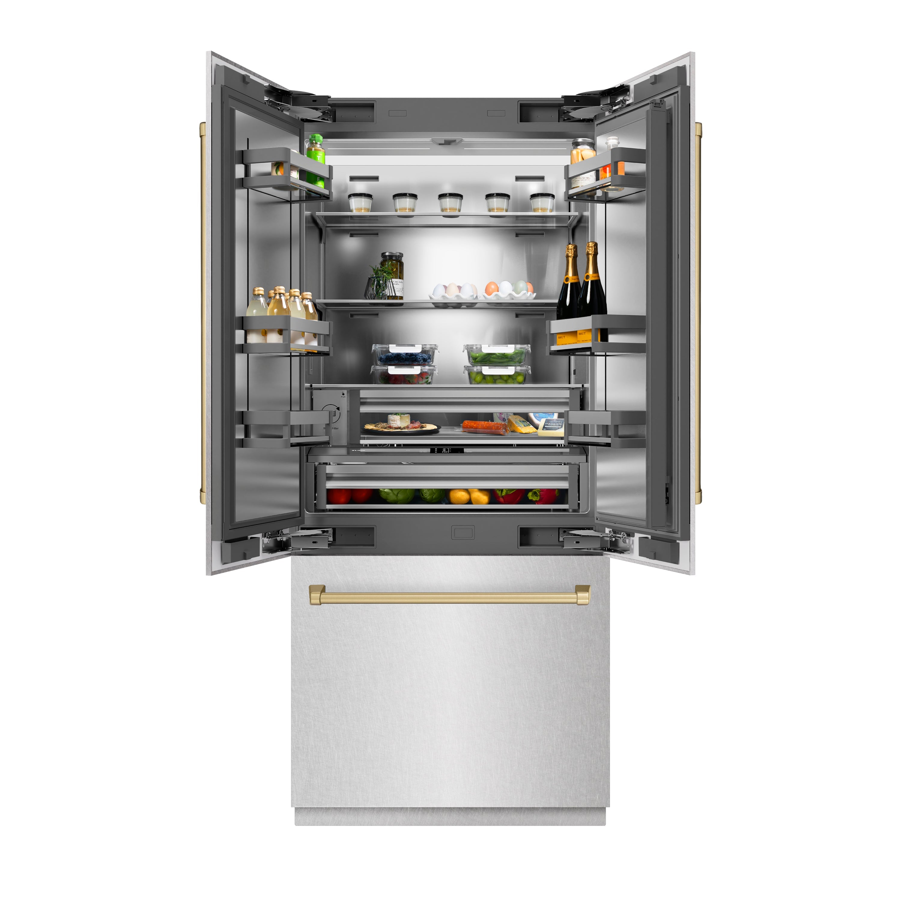 ZLINE Autograph Edition 36 in. 19.6 cu. ft. French Door Built-In Bottom Freezer Refrigerator with Water Dispenser and Ice Maker in White Matte with Stainless Steel Interior and Polished Gold Accents (SRBIVZ-WM-36-G)