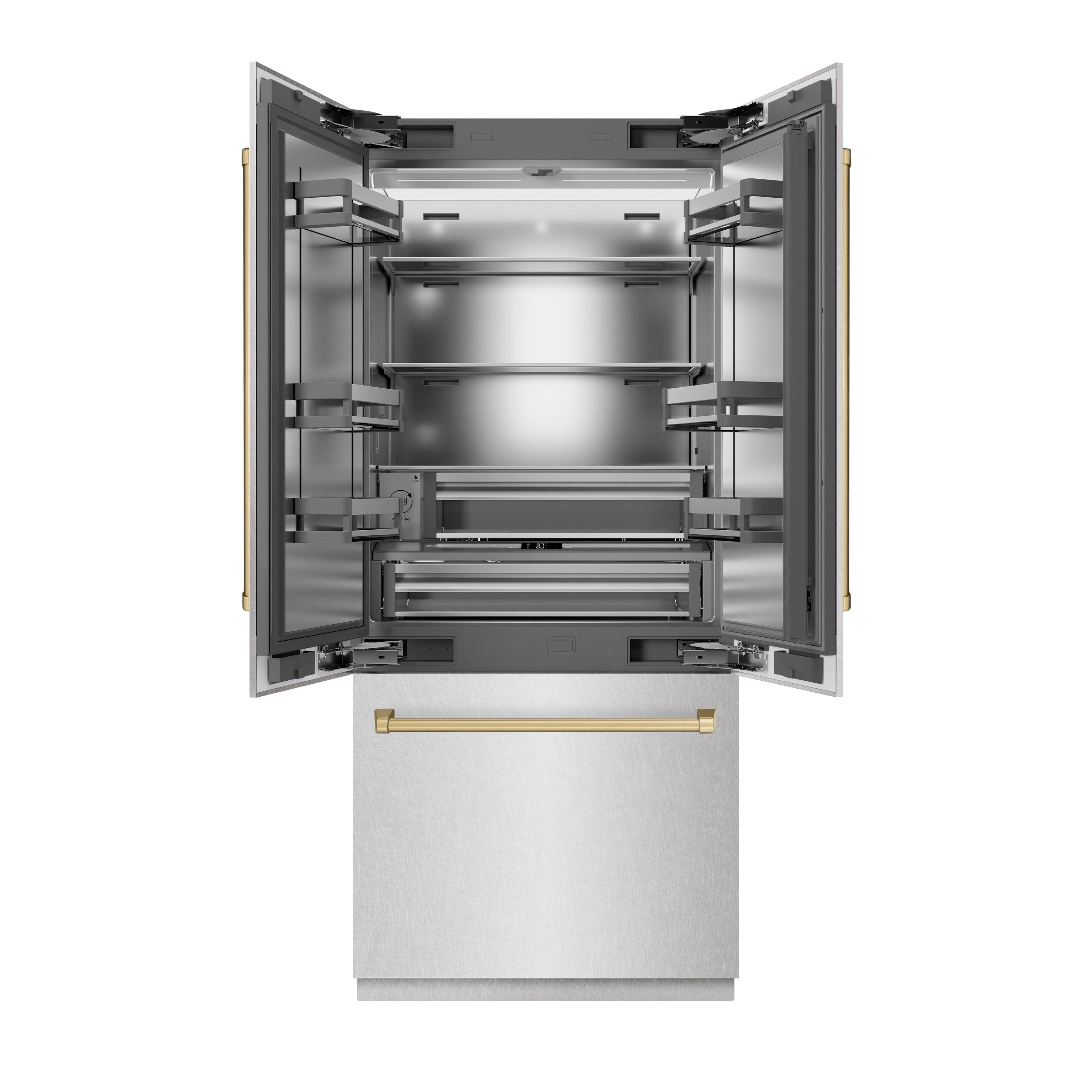 ZLINE Autograph Edition 36 in. 19.6 cu. ft. French Door Built-In Bottom Freezer Refrigerator with Water Dispenser and Ice Maker in Satin Stainless Steel with Stainless Steel Interior and Champagne Bronze Accents (SRBIVZ-SN-36-CB)