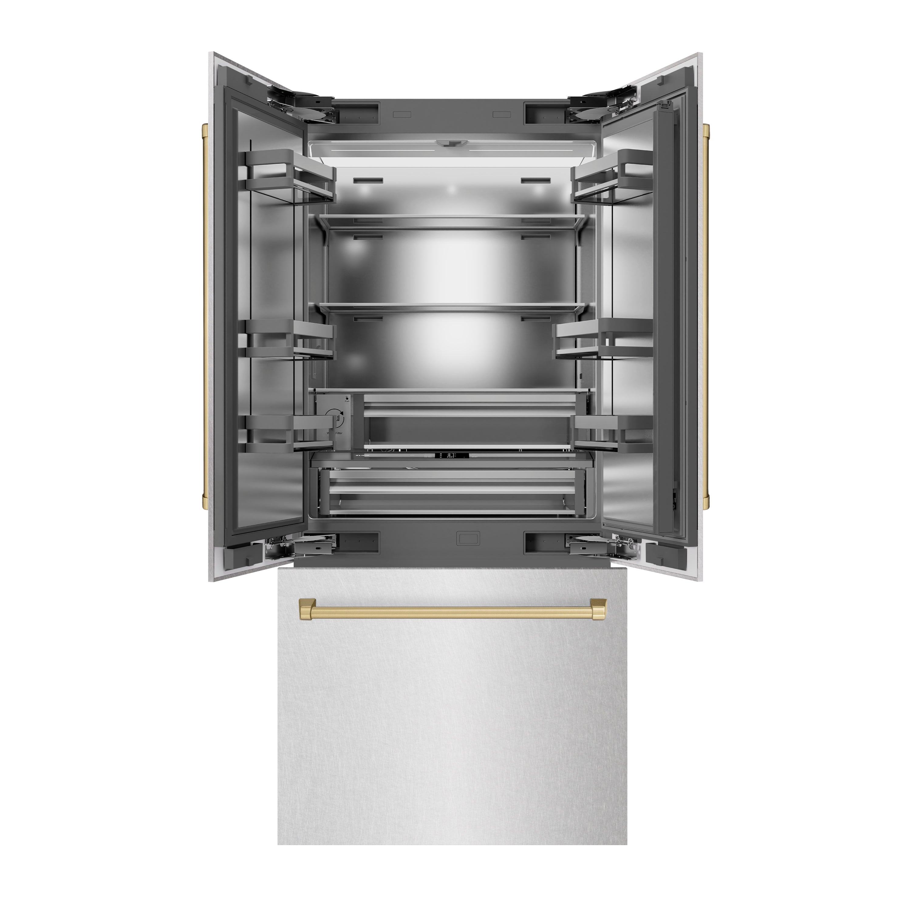 ZLINE Autograph Edition 36 in. 19.6 cu. ft. French Door Built-In Bottom Freezer Refrigerator with Water Dispenser and Ice Maker in Satin Stainless Steel with Stainless Steel Interior and Champagne Bronze Accents (SRBIVZ-SN-36-CB)