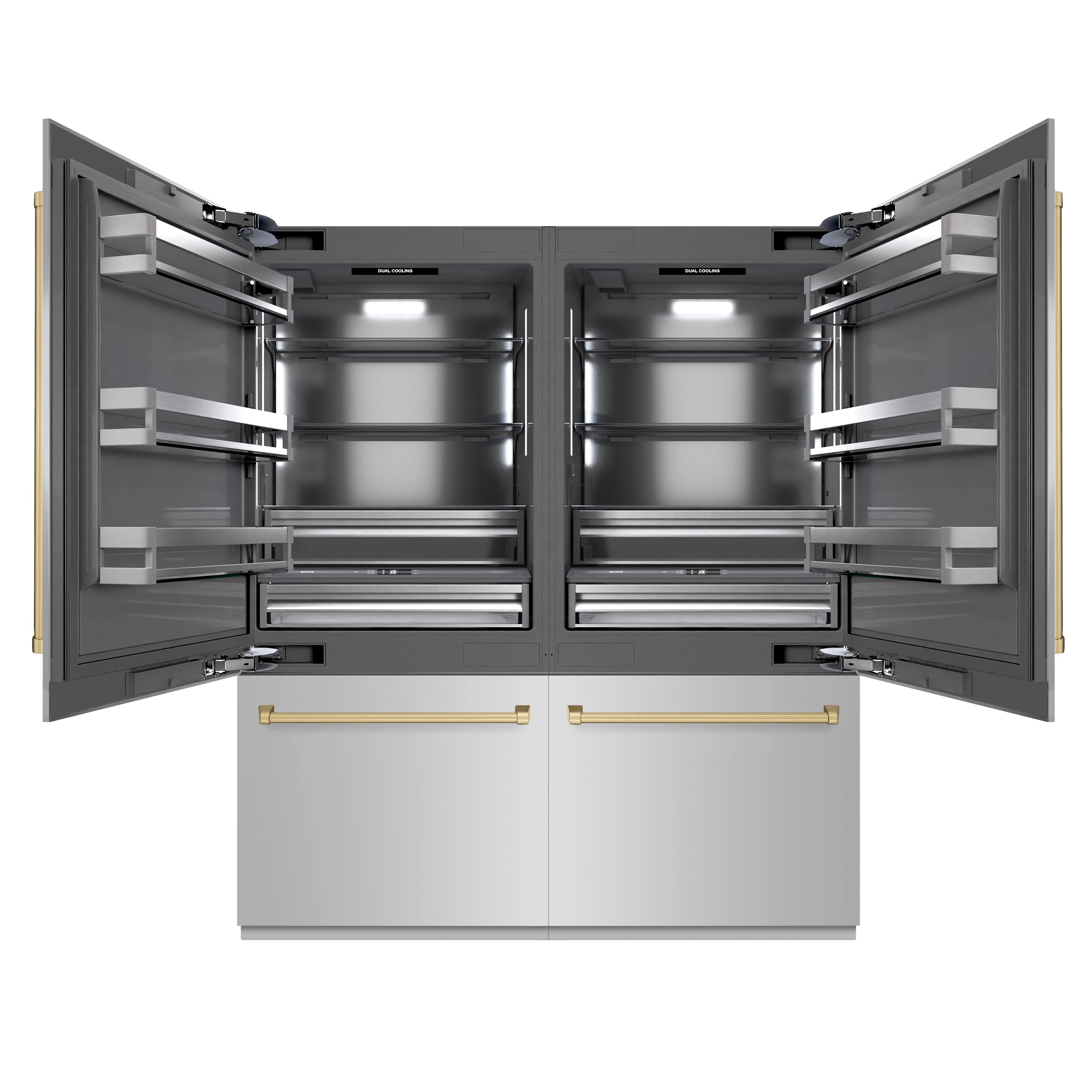 ZLINE Autograph Edition 72 in. 39.6 cu. ft. French Door Built-In Bottom Freezer Refrigerator with Water Dispensers and Ice Makers in Stainless Steel with Graphite Gray Interior and Champagne Bronze Accents (GRBITZ-304-72CB)