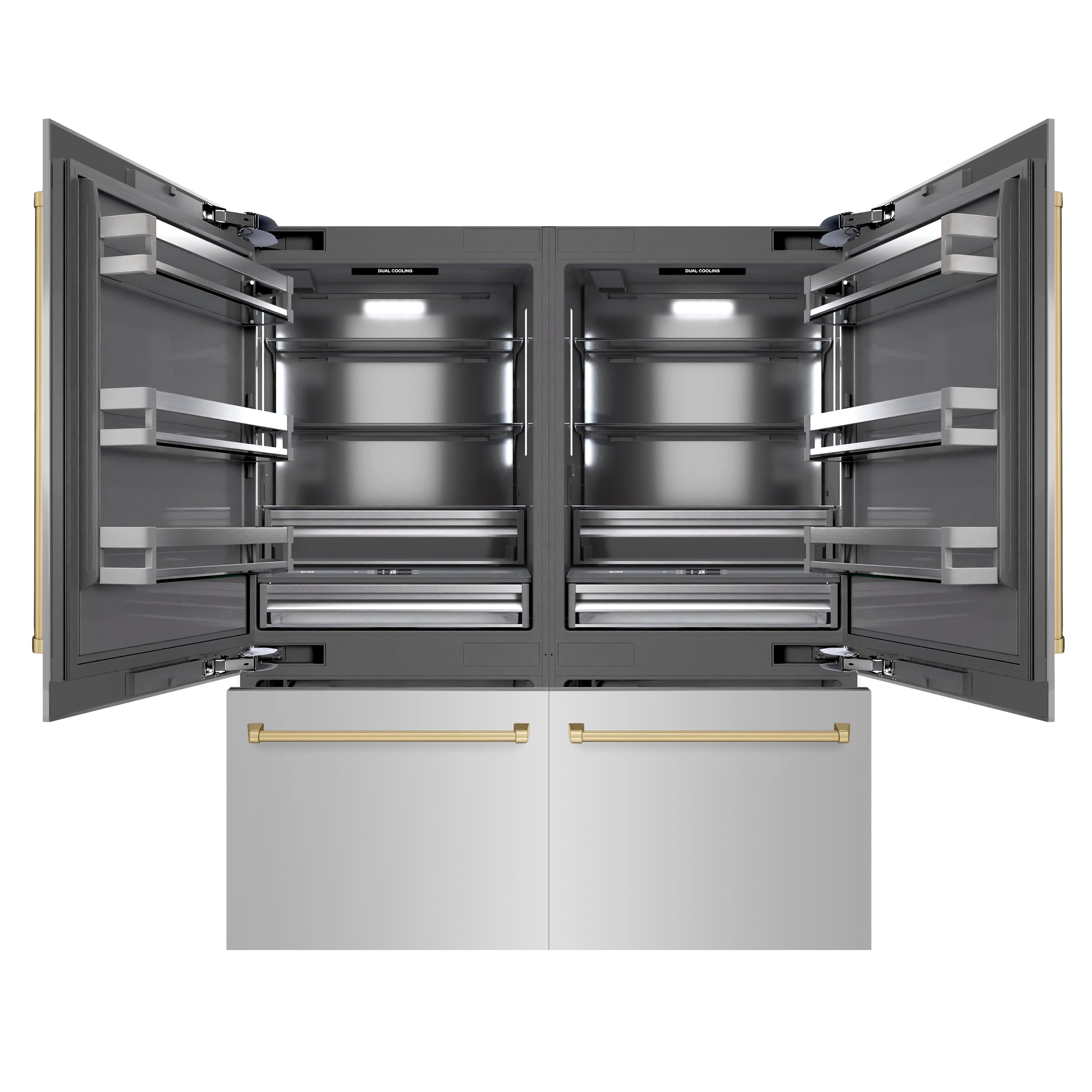 ZLINE Autograph Edition 72 in. 39.6 cu. ft. French Door Built-In Bottom Freezer Refrigerator with Water Dispensers and Ice Makers in Stainless Steel with Graphite Gray Interior and Champagne Bronze Accents (GRBITZ-304-72CB)