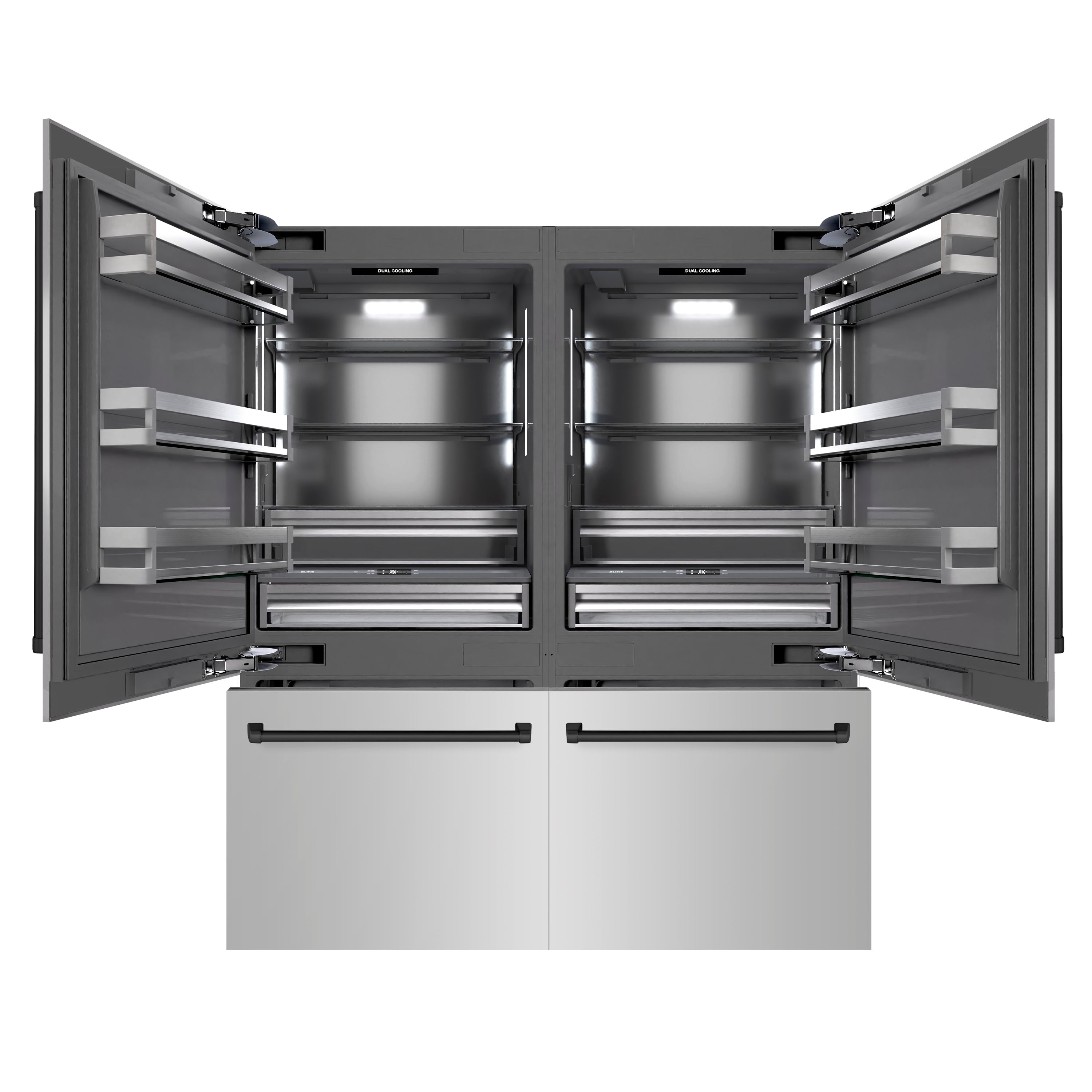 ZLINE Autograph Edition 72 in. 39.6 cu. ft. French Door Built-In Bottom Freezer Refrigerator with Water Dispensers and Ice Makers in Stainless Steel with Graphite Gray Interior and Matte Black Accents (GRBITZ-304-72MB)