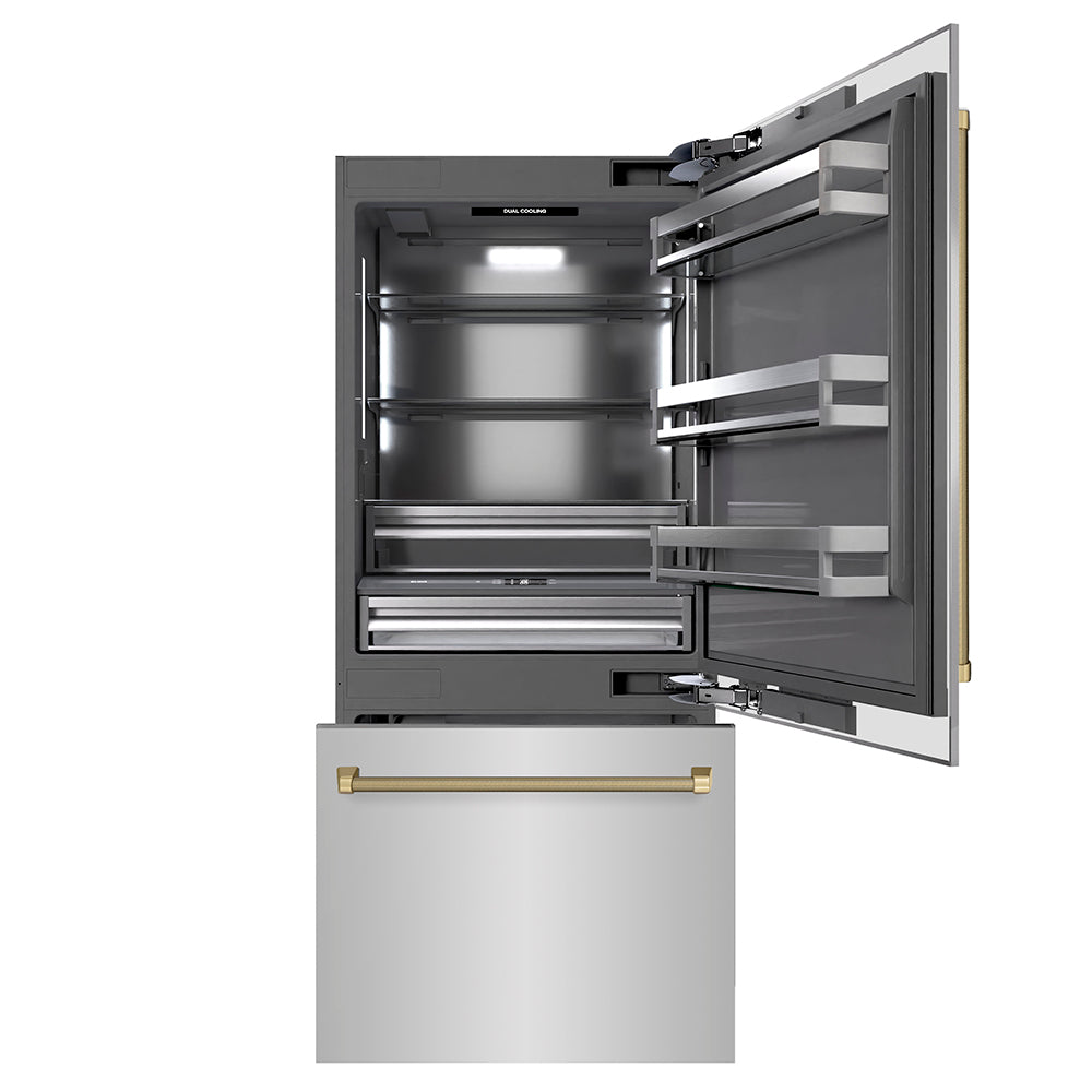 ZLINE Autograph Edition 36 in. 19.8 cu. ft. Built-In Bottom Freezer Refrigerator with Water Dispenser and Ice Maker in Stainless Steel with Graphite Gray Interior and Champagne Bronze Helix Handles (GRBITZ-30436KCB)