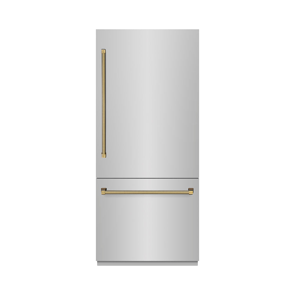 ZLINE Autograph Edition 36 in. 19.8 cu. ft. Built-In Bottom Freezer Refrigerator with Water Dispenser and Ice Maker in Stainless Steel with Graphite Gray Interior and Polished Gold Helix Handles (GRBITZ-30436KG)