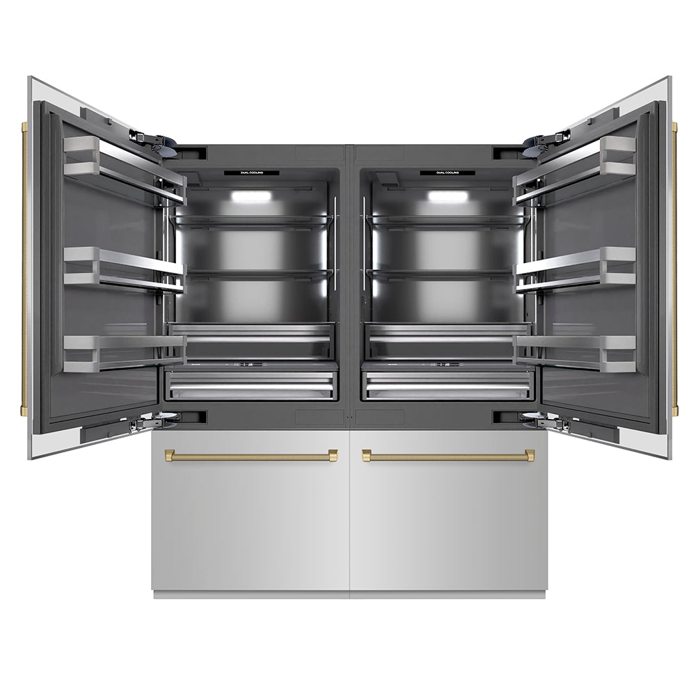 ZLINE Autograph Edition 72 in. 39.6 cu. ft. French Door Built-In Bottom Freezer Refrigerator with Water Dispensers and Ice Makers in Stainless Steel with Graphite Gray Interior and Champagne Bronze Helix Handles (GRBITZ-30472KCB)