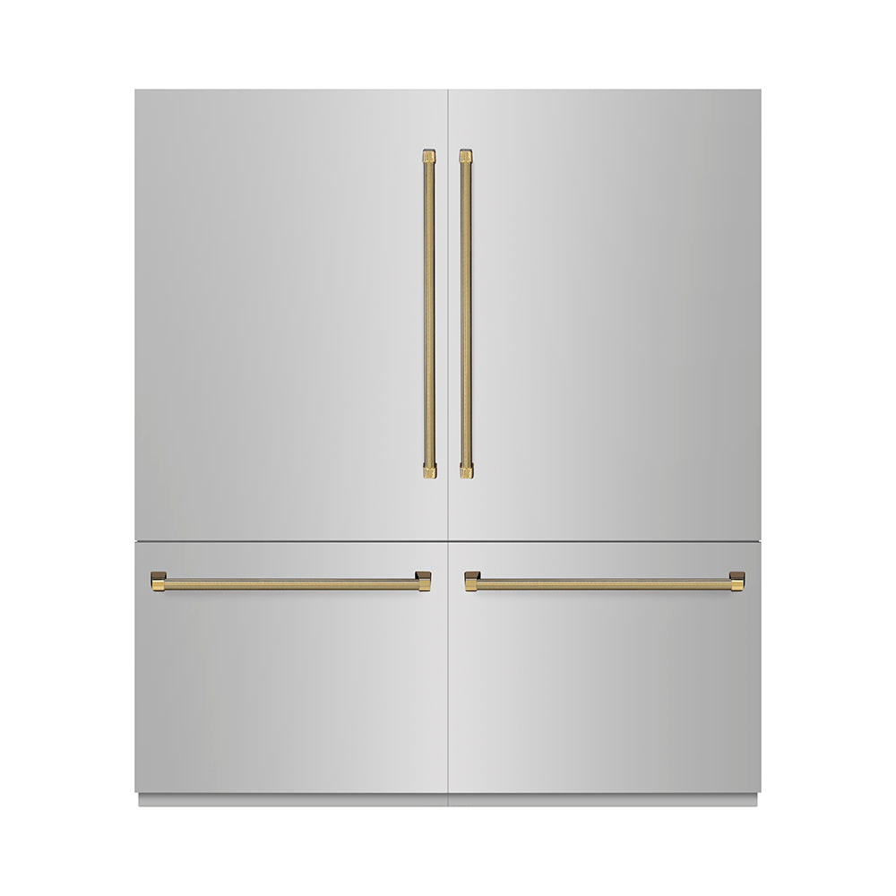 ZLINE Autograph Edition 72 in. 39.6 cu. ft. French Door Built-In Bottom Freezer Refrigerator with Water Dispensers and Ice Makers in Stainless Steel with Graphite Gray Interior and Polished Gold Helix Handles (GRBITZ-30472KG)