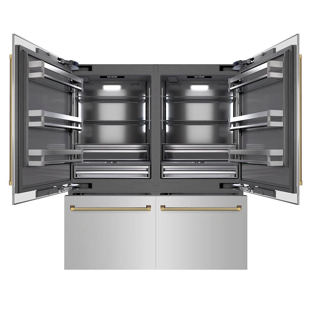 ZLINE Autograph Edition 72 in. 39.6 cu. ft. French Door Built-In Bottom Freezer Refrigerator with Water Dispensers and Ice Makers in Stainless Steel with Graphite Gray Interior and Polished Gold Helix Handles (GRBITZ-30472KG)