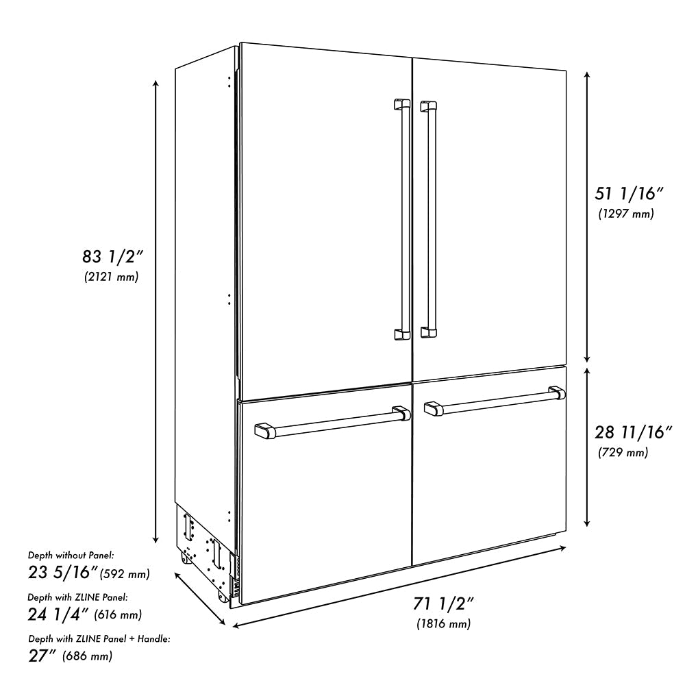ZLINE Autograph Edition 72 in. 39.6 cu. ft. French Door Built-In Bottom Freezer Refrigerator with Water Dispensers and Ice Makers in Stainless Steel with Graphite Gray Interior and Polished Nickel Helix Handles (GRBITZ-30472KPN)