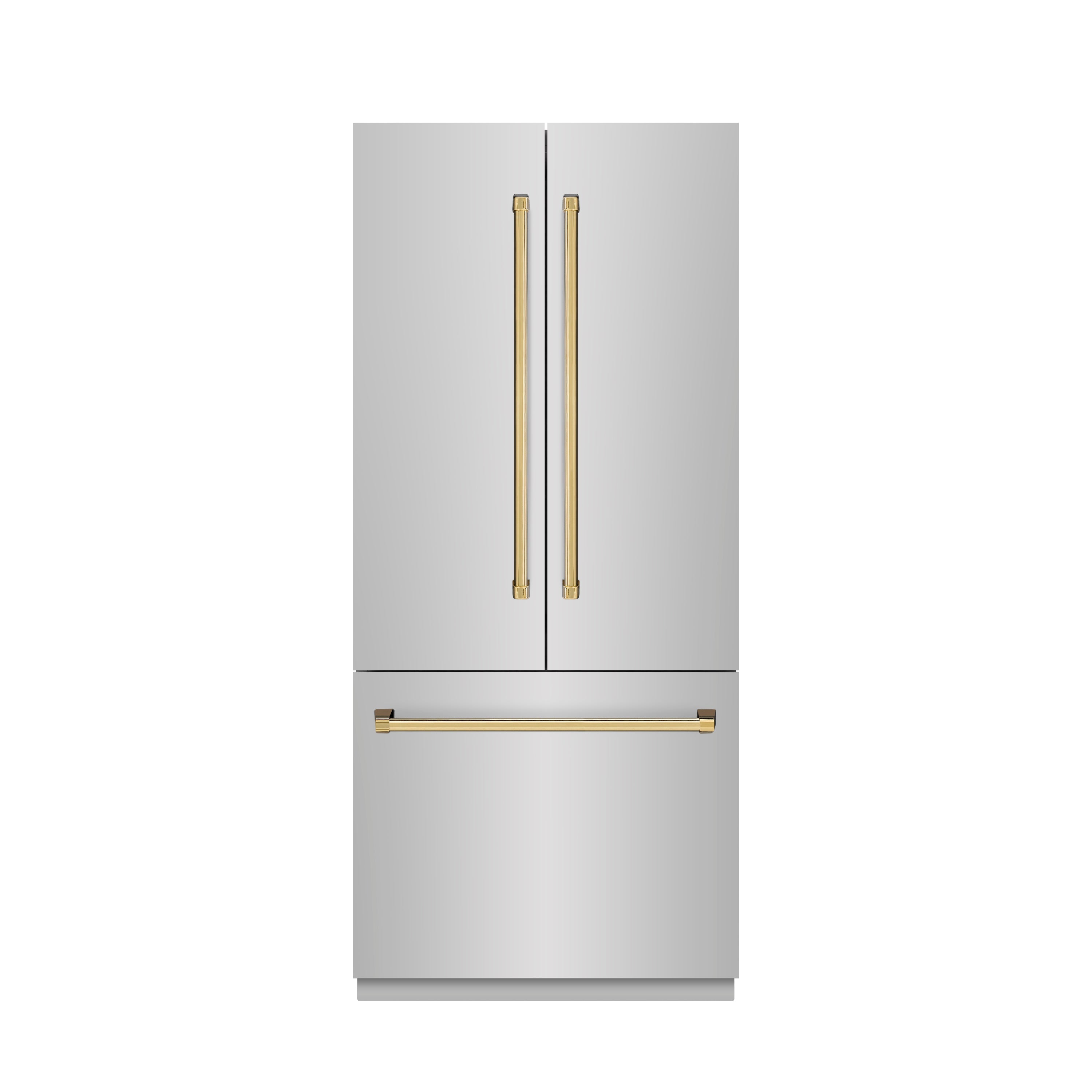 ZLINE Autograph Edition 36 in. 19.6 cu. ft. French Door Built-In Bottom Freezer Refrigerator with Water Dispenser and Ice Maker in Stainless Steel with Graphite Gray Interior and Polished Gold Accents (GRBIVZ-304-36G)