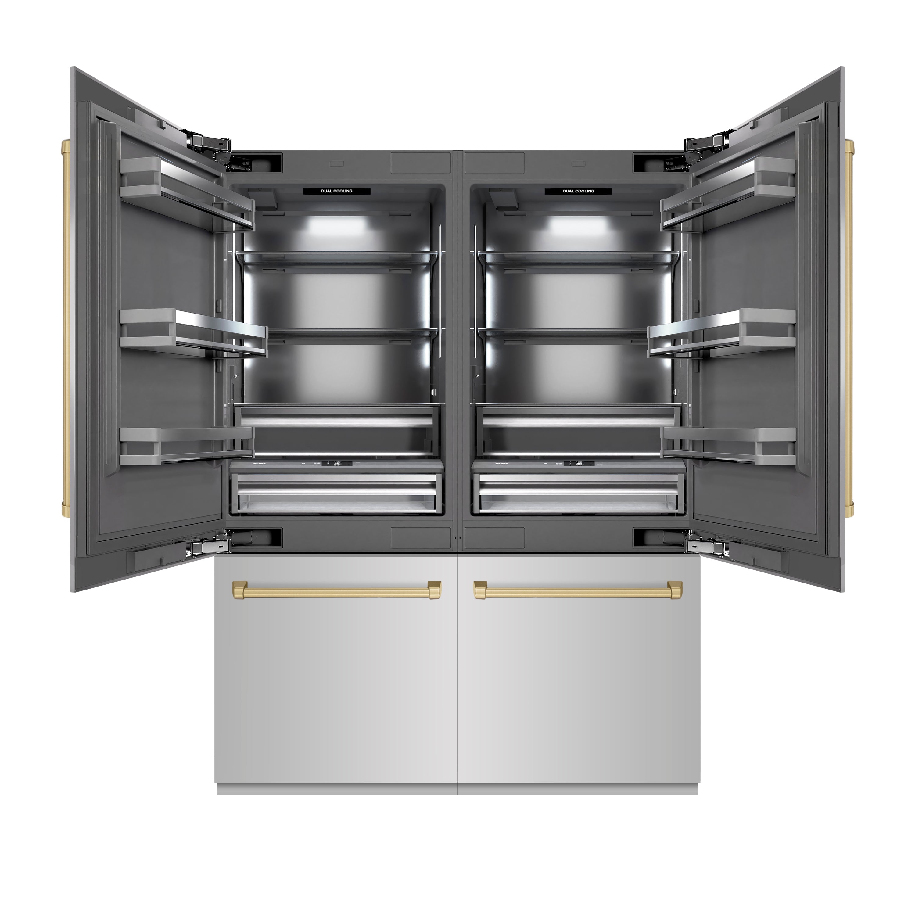 ZLINE Autograph Edition 60 in. 32.2 cu. ft. French Door Built-In Bottom Freezer Refrigerator with Water Dispenser and Ice Maker in Stainless Steel with Graphite Gray Interior and Champagne Bronze Accents (GRBIVZ-304-60CB)