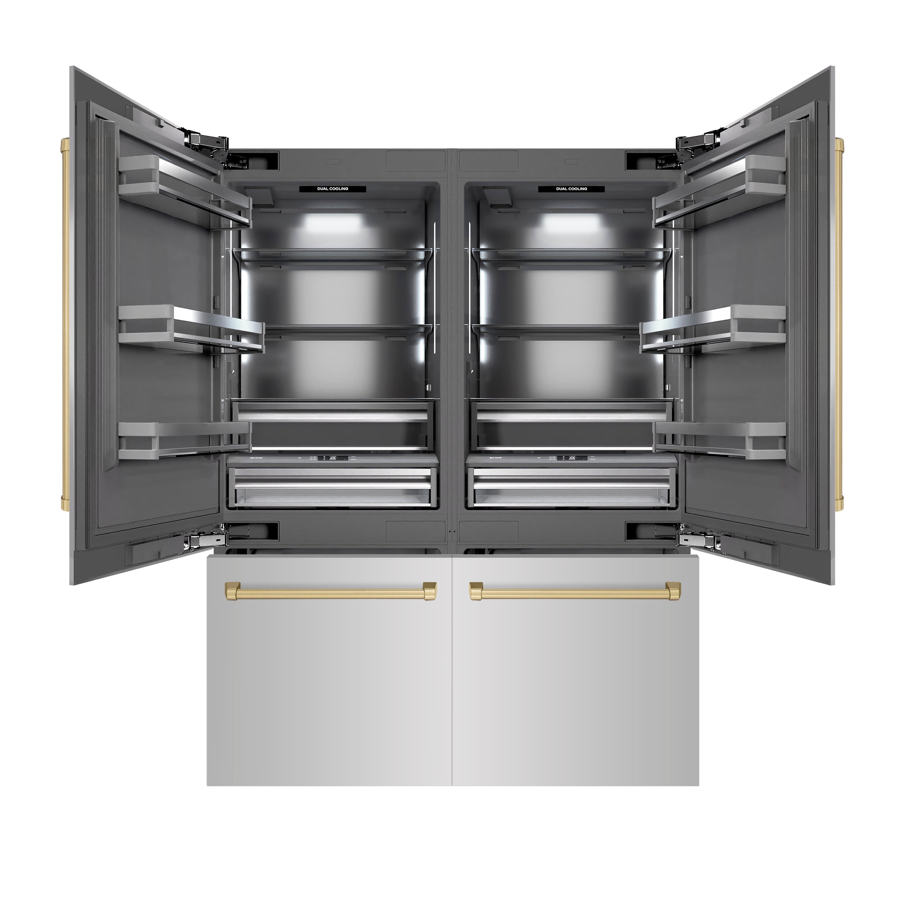 ZLINE Autograph Edition 60 in. 32.2 cu. ft. French Door Built-In Bottom Freezer Refrigerator with Water Dispenser and Ice Maker in Stainless Steel with Graphite Gray Interior and Champagne Bronze Accents (GRBIVZ-304-60CB)