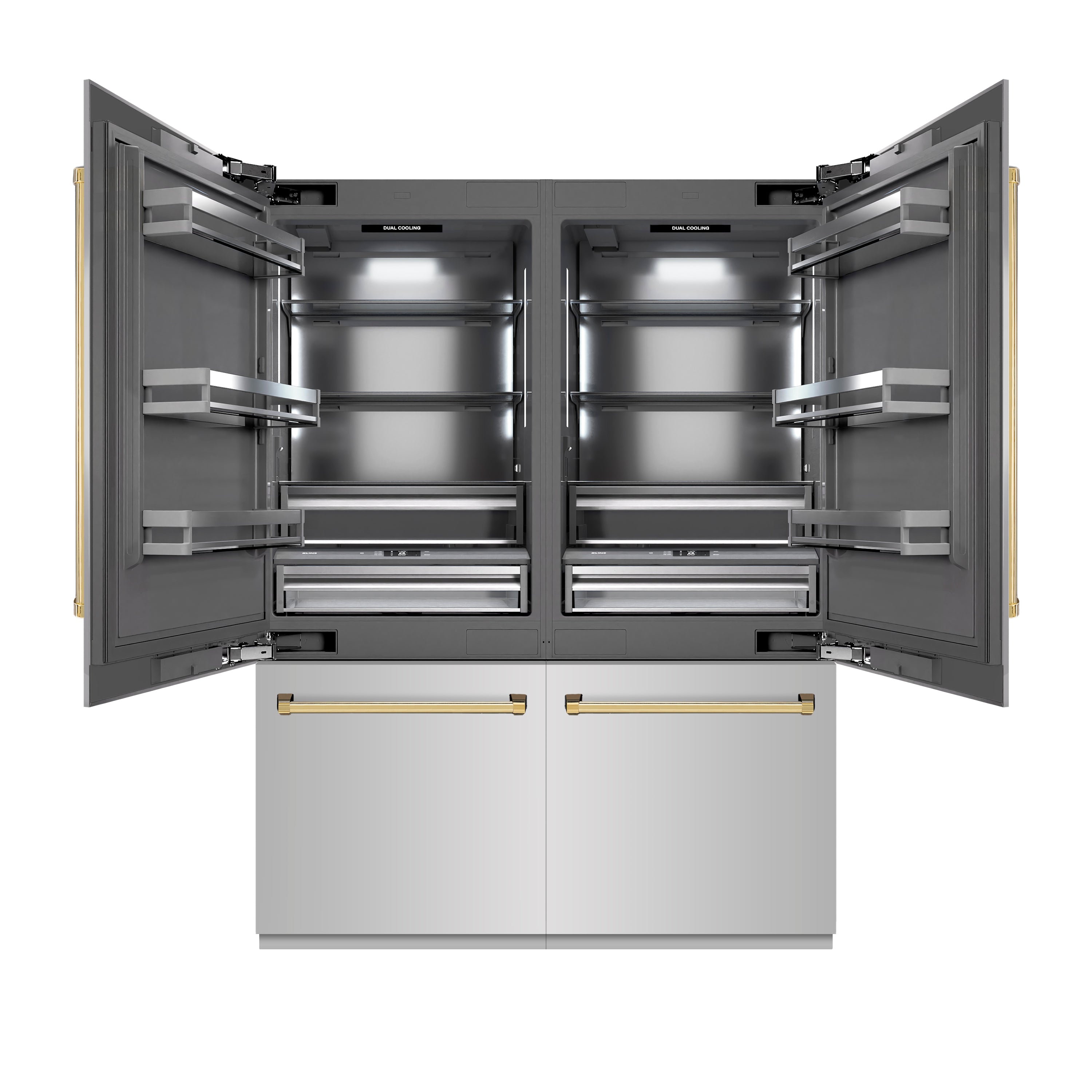 ZLINE Autograph Edition 60 in. 32.2 cu. ft. French Door Built-In Bottom Freezer Refrigerator with Water Dispenser and Ice Maker in Stainless Steel with Graphite Gray Interior and Polished Gold Accents (GRBIVZ-304-60G)