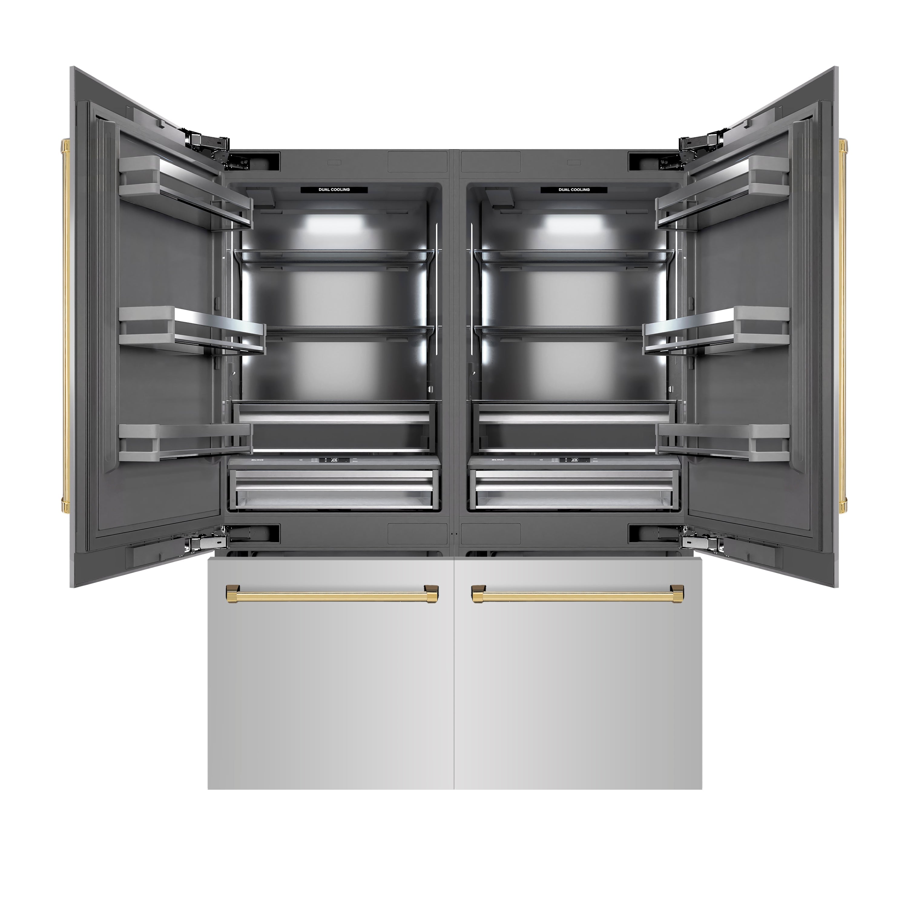 ZLINE Autograph Edition 60 in. 32.2 cu. ft. French Door Built-In Bottom Freezer Refrigerator with Water Dispenser and Ice Maker in Stainless Steel with Graphite Gray Interior and Polished Gold Accents (GRBIVZ-304-60G)