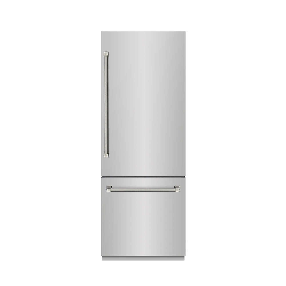 ZLINE Autograph Edition 30 in. 16.1 cu. ft. Built-In Bottom Freezer Refrigerator with Water Dispenser and Ice Maker in Stainless Steel with Graphite Gray Interior and Polished Nickel Helix Handles (GRBIVZ-30430KPN)