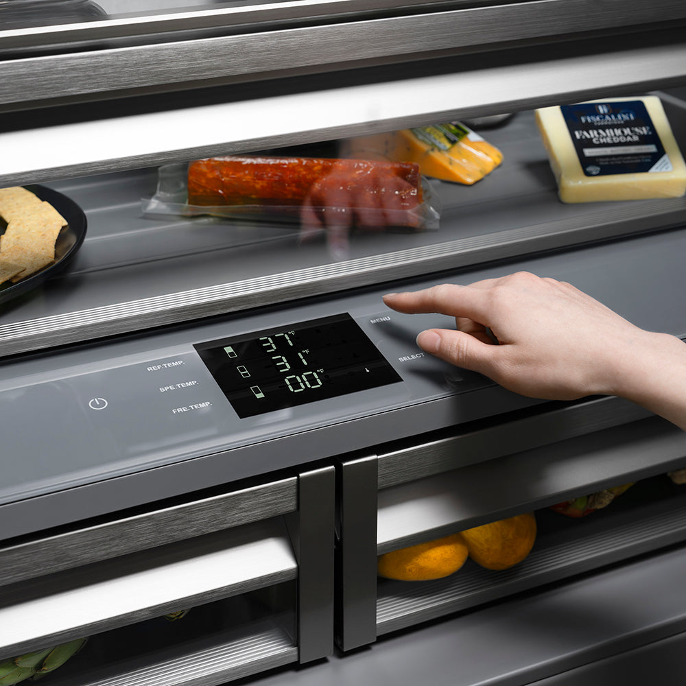 ZLINE Autograph Edition 36 in. 19.6 cu. ft. French Door Built-In Bottom Freezer Refrigerator with Water Dispenser and Ice Maker in Stainless Steel with Graphite Gray Interior and Polished Gold Helix Handles (GRBIVZ-30436KG)