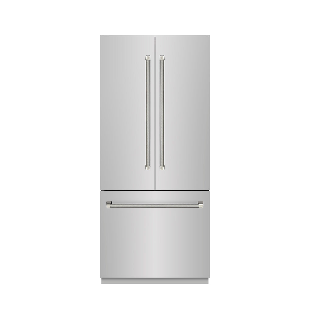 ZLINE Autograph Edition 36 in. 19.6 cu. ft. French Door Built-In Bottom Freezer Refrigerator with Water Dispenser and Ice Maker in Stainless Steel with Graphite Gray Interior and Polished Nickel Helix Handles (GRBIVZ-30436KPN)
