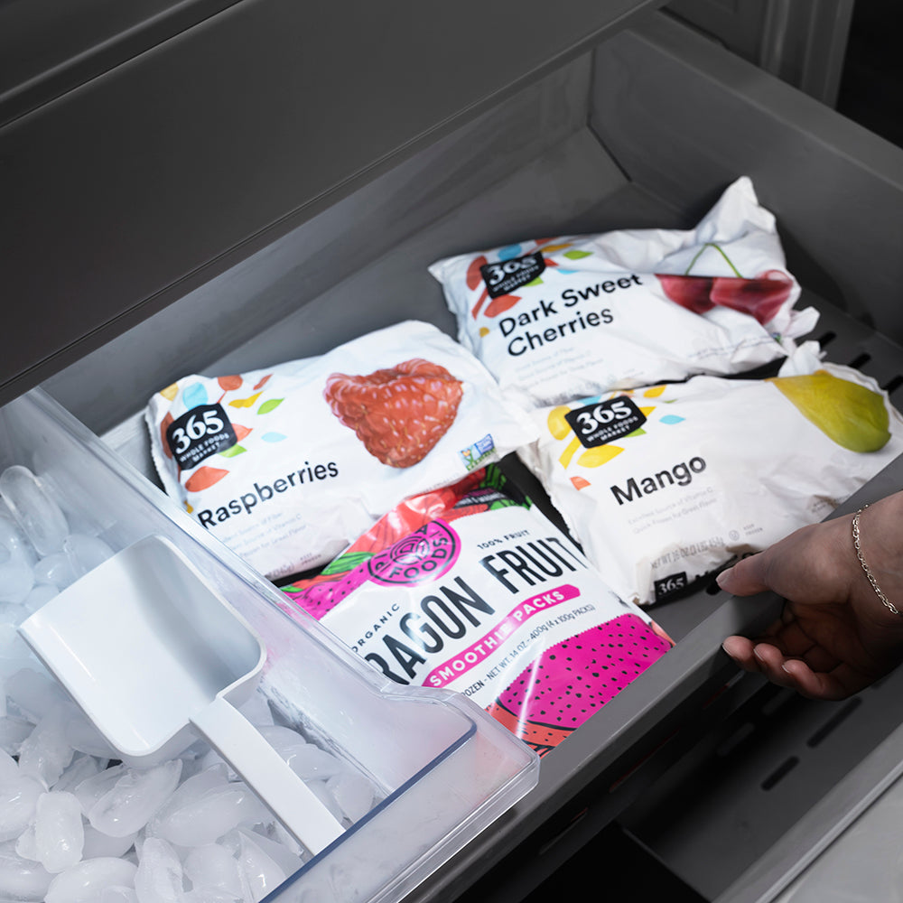 ZLINE Autograph Edition 60 in. 32.2 cu. ft. French Door Built-In Bottom Freezer Refrigerator with Water Dispenser and Ice Maker in Stainless Steel with Graphite Gray Interior and Polished Gold Helix Handles (GRBIVZ-30460KG)