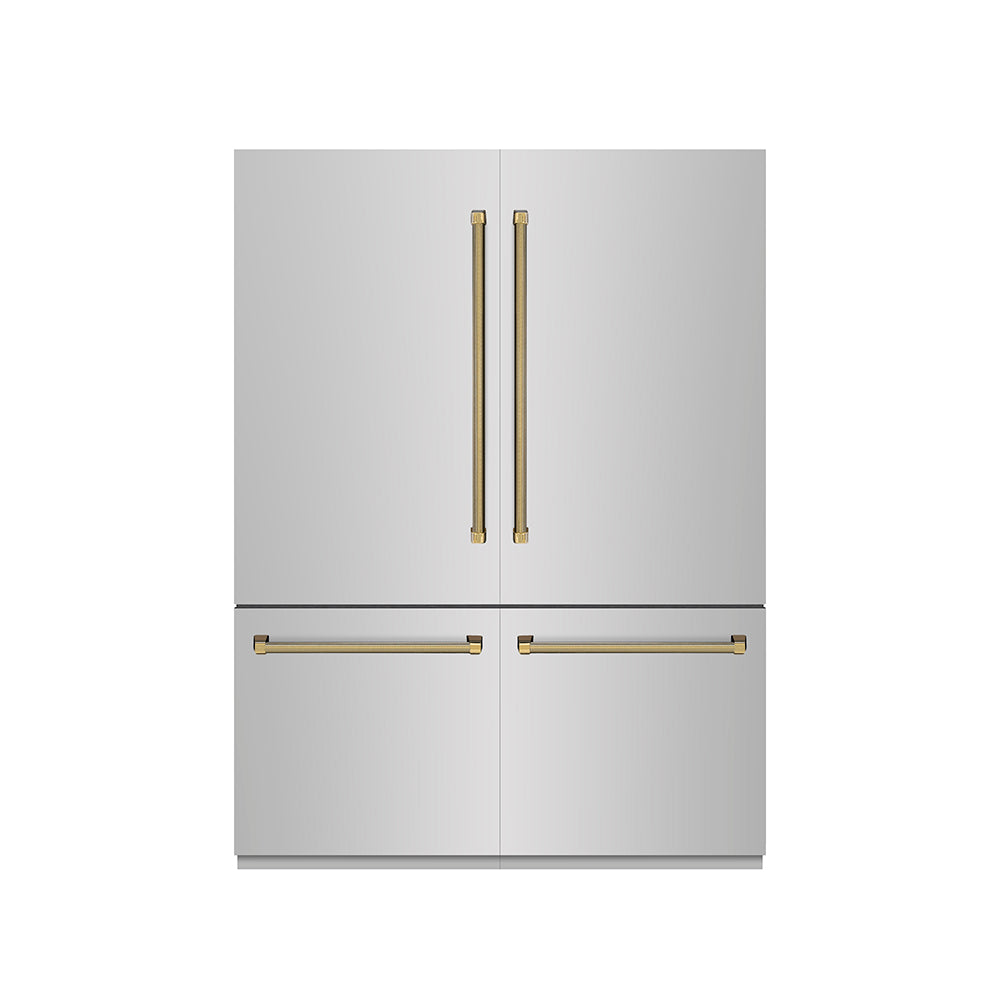 ZLINE Autograph Edition 60 in. 32.2 cu. ft. French Door Built-In Bottom Freezer Refrigerator with Water Dispenser and Ice Maker in Stainless Steel with Graphite Gray Interior and Polished Gold Helix Handles (GRBIVZ-30460KG)