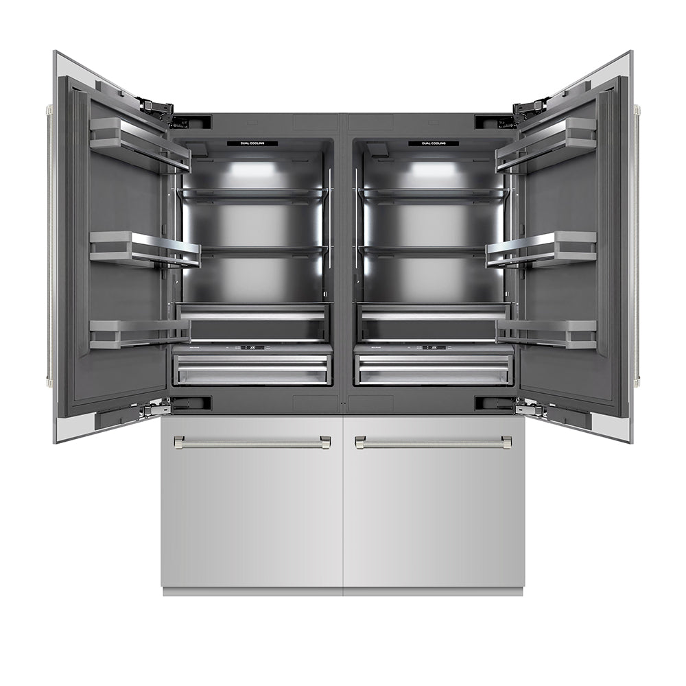 ZLINE Autograph Edition 60 in. 32.2 cu. ft. French Door Built-In Bottom Freezer Refrigerator with Water Dispenser and Ice Maker in Stainless Steel with Graphite Gray Interior and Polished Nickel Helix Handles (GRBIVZ-30460KPN)