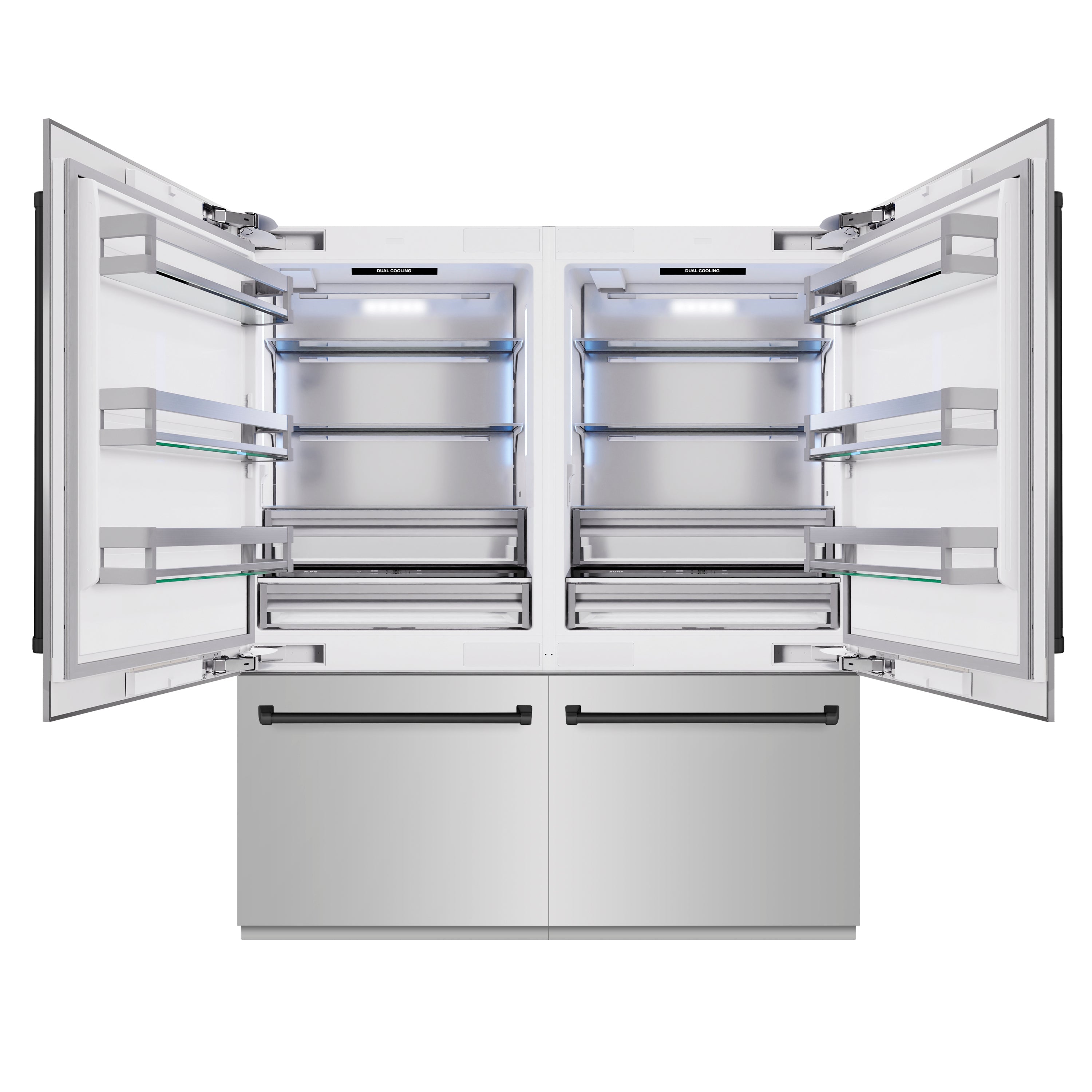 ZLINE Autograph Edition 72 in. 39.6 cu. ft. French Door Built-In Bottom Freezer Refrigerator with Water Dispensers and Ice Makers in Stainless Steel with Matte Black Accents (RBITZ-304-72MB)