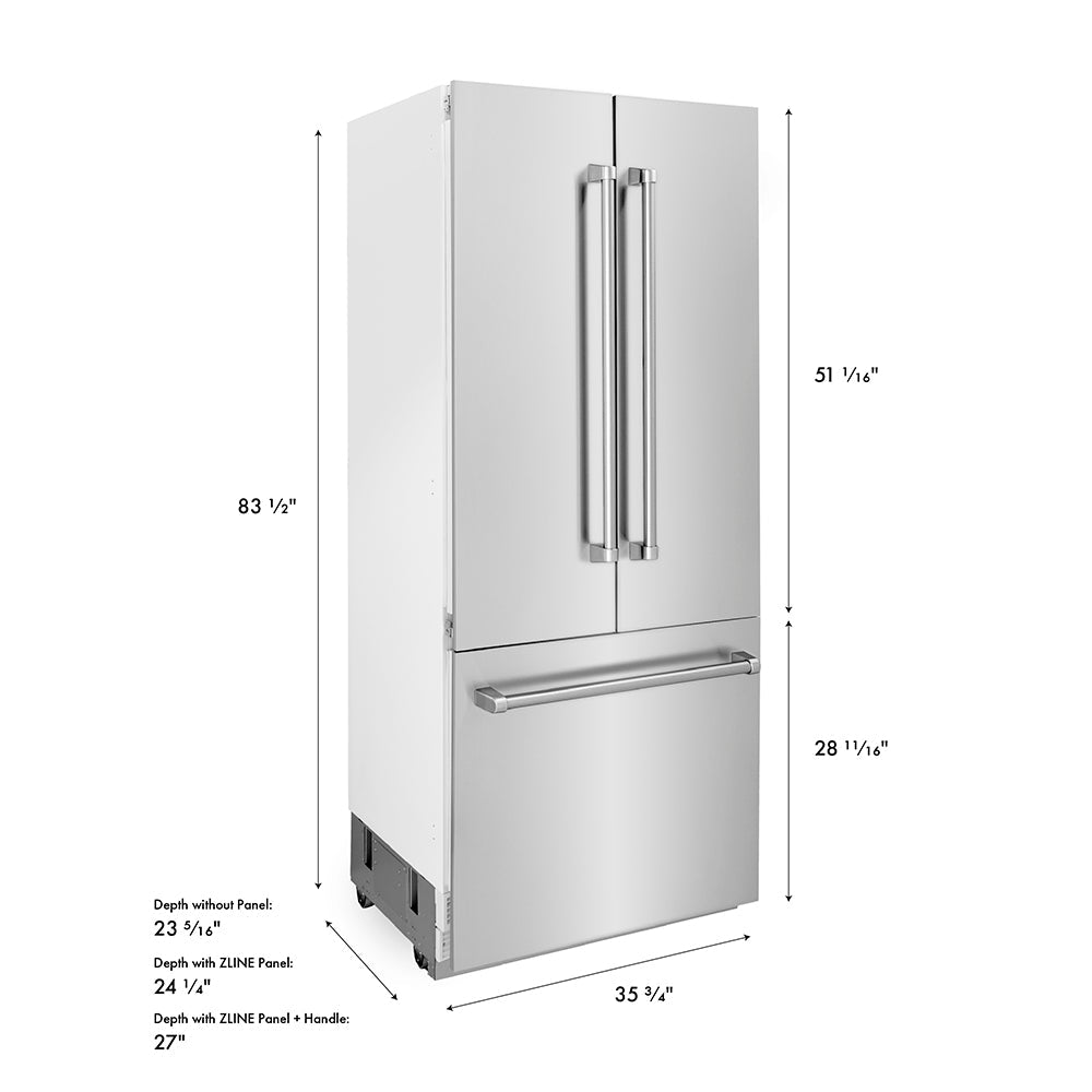 ZLINE 36 in. 19.6 cu. ft. French Door Built-In Bottom Freezer Refrigerator with Water Dispenser and Ice Maker in Stainless Steel (RBIV-304-36)