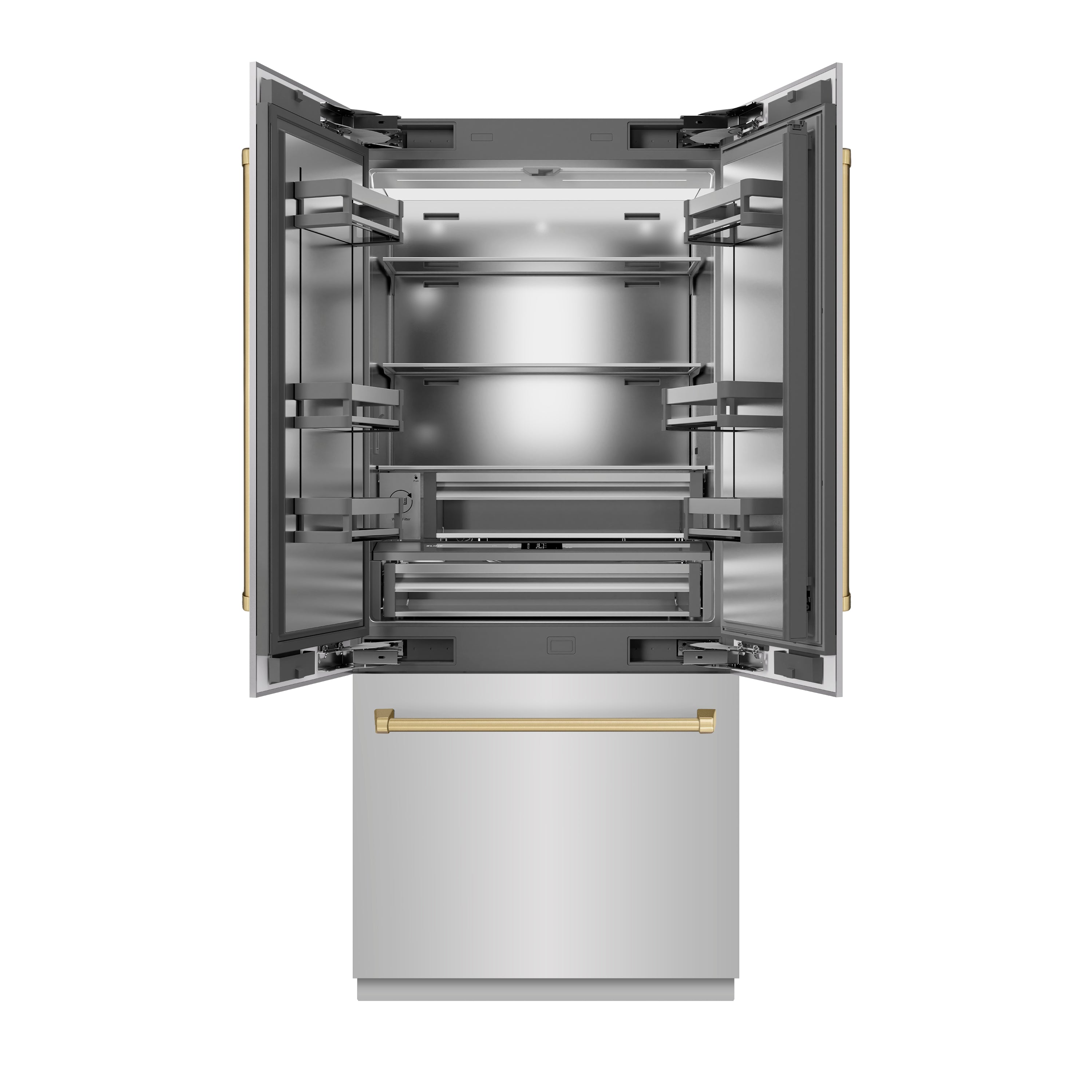 ZLINE Autograph Edition 36 in. 19.6 cu. ft. French Door Built-In Bottom Freezer Refrigerator with Water Dispenser and Ice Maker in Stainless Steel with Stainless Steel Interior and Champagne Bronze Accents (SRBIVZ-304-36CB)