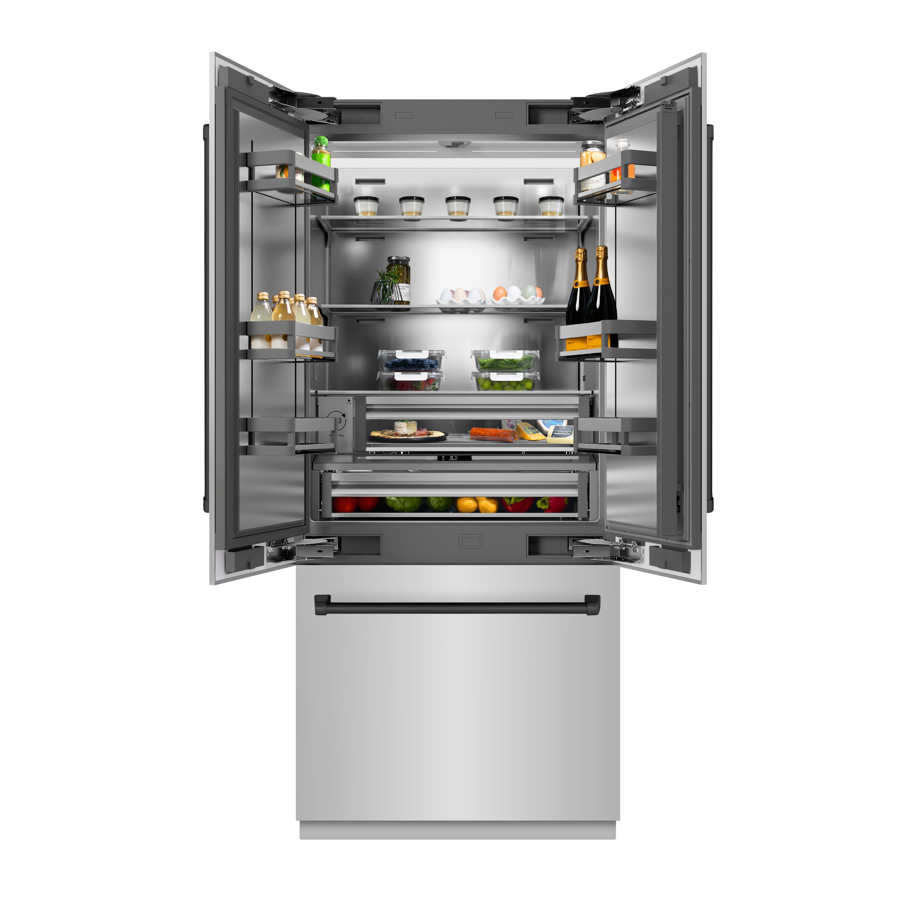 ZLINE Autograph Edition 36 in. 19.6 cu. ft. French Door Built-In Bottom Freezer Refrigerator with Water Dispenser and Ice Maker in Stainless Steel with Stainless Steel Interior and Matte Black Accents (SRBIVZ-304-36MB)