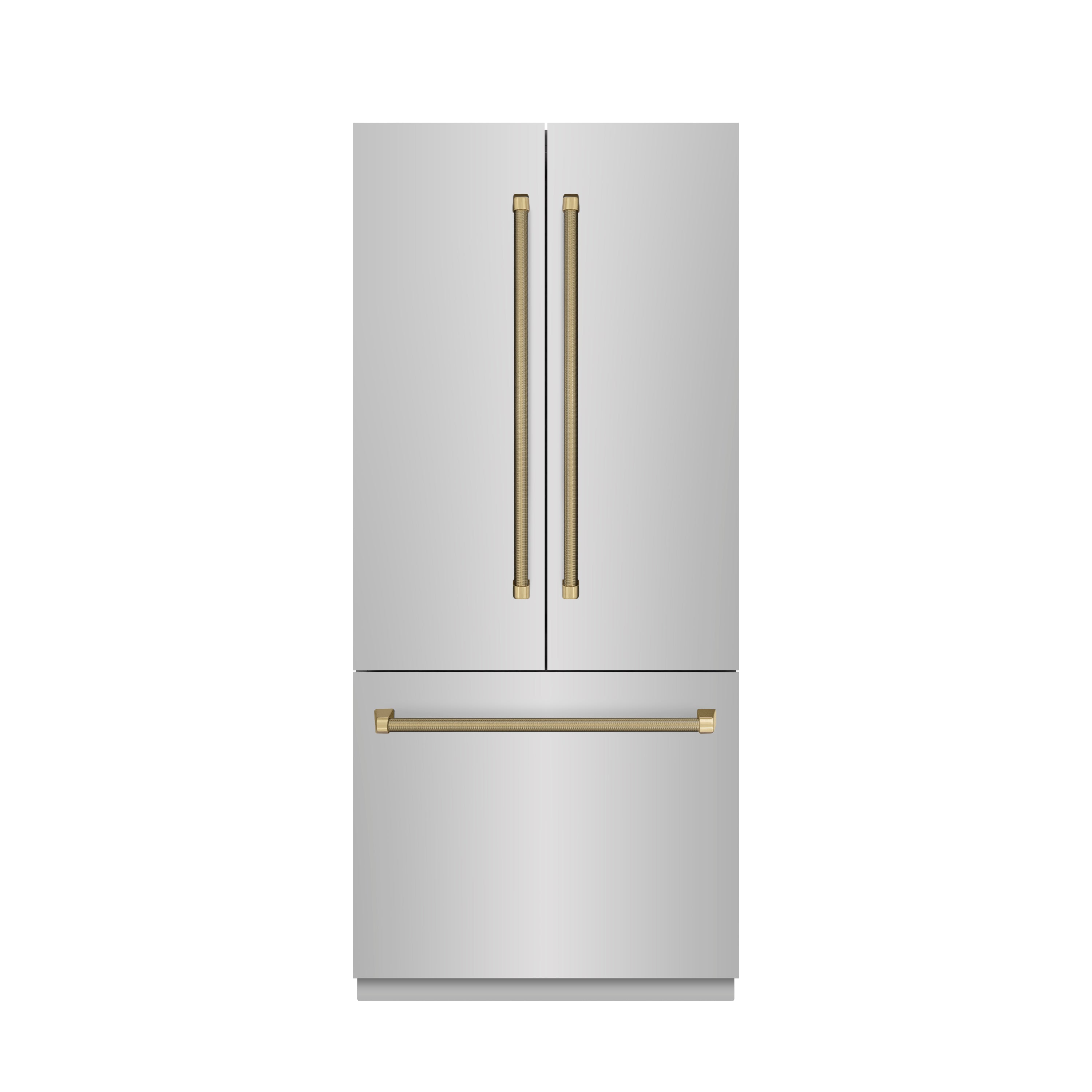 ZLINE Autograph Edition 36 in. 19.6 cu. ft. French Door Built-In Bottom Freezer Refrigerator with Water Dispenser and Ice Maker in Stainless Steel with Stainless Steel Interior and Champagne Bronze Helix Handles (SRBIVZ-30436KCB)