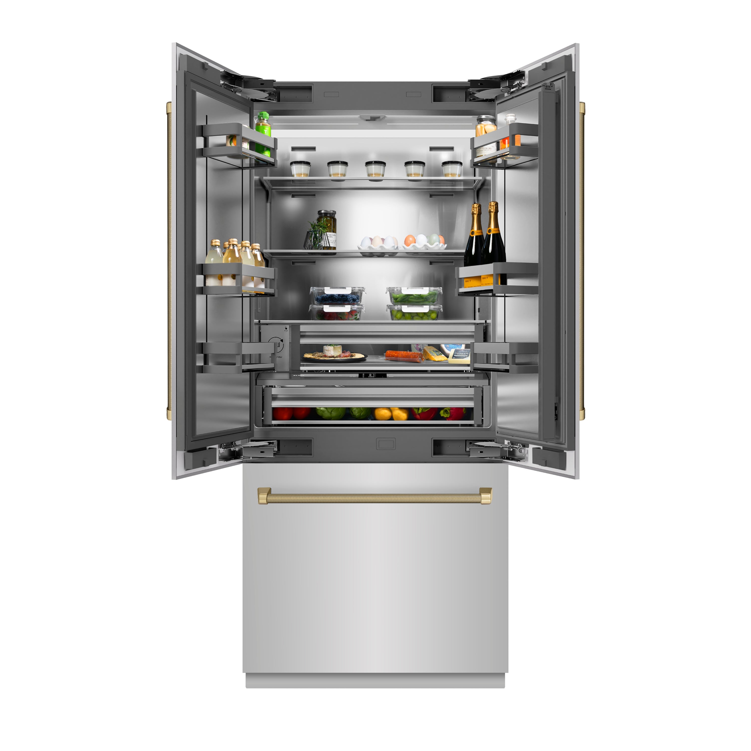 ZLINE Autograph Edition 36 in. 19.6 cu. ft. French Door Built-In Bottom Freezer Refrigerator with Water Dispenser and Ice Maker in Stainless Steel with Stainless Steel Interior and Champagne Bronze Helix Handles (SRBIVZ-30436KCB)