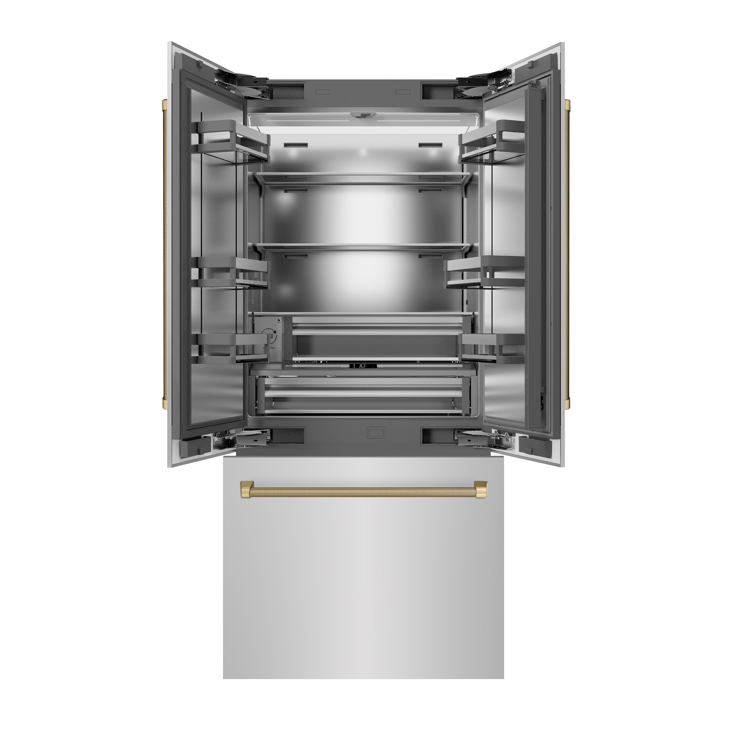 ZLINE Autograph Edition 36 in. 19.6 cu. ft. French Door Built-In Bottom Freezer Refrigerator with Water Dispenser and Ice Maker in Stainless Steel with Stainless Steel Interior and Champagne Bronze Helix Handles (SRBIVZ-30436KCB)