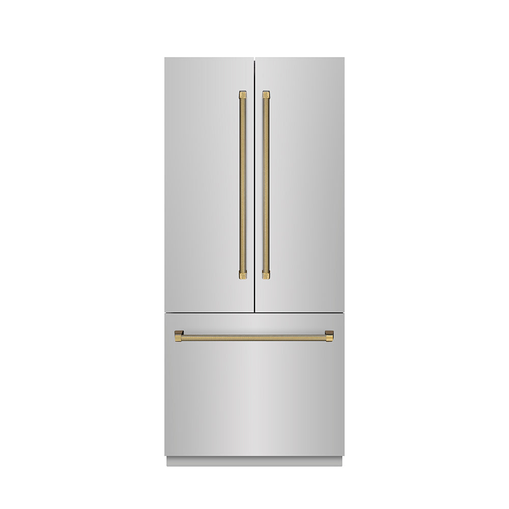 ZLINE Autograph Edition 36 in. 19.6 cu. ft. French Door Built-In Bottom Freezer Refrigerator with Water Dispenser and Ice Maker in Stainless Steel with Stainless Steel Interior and Polished Gold Helix Handles (SRBIVZ-30436KG)